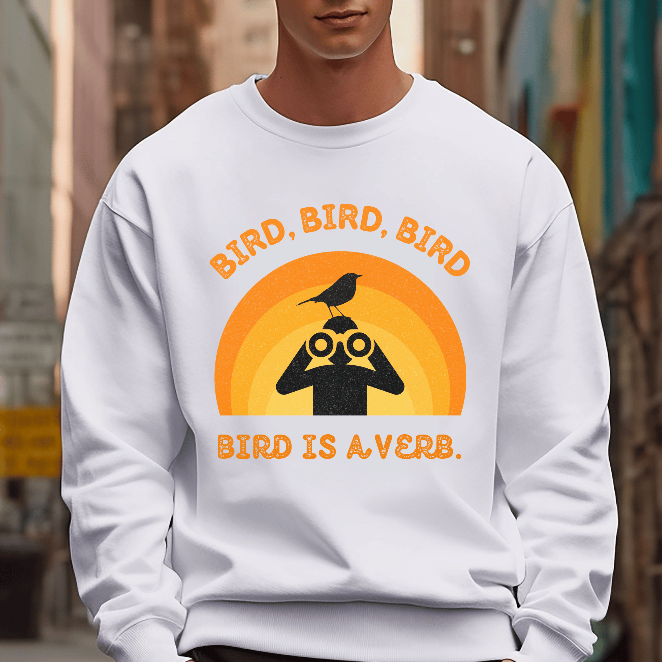 Bird Watching Sweatshirt - Retro Sunset Graphic Unisex Crewneck | Bird is a Verb | Funny Gift for Nature Lovers &amp; Birders | White or Ash product thumbnail image