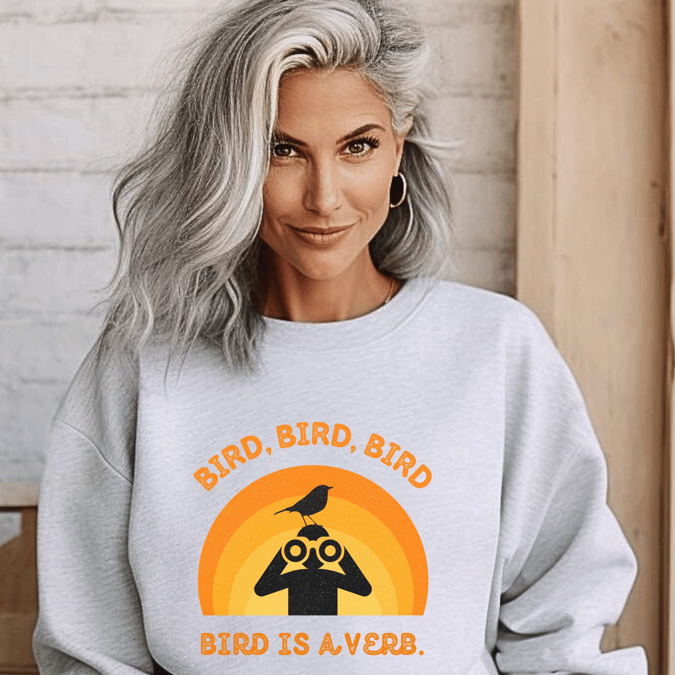 Bird Watching Sweatshirt - Retro Sunset Graphic Unisex Crewneck | Bird is a Verb | Funny Gift for Nature Lovers &amp; Birders | White or Ash product thumbnail image