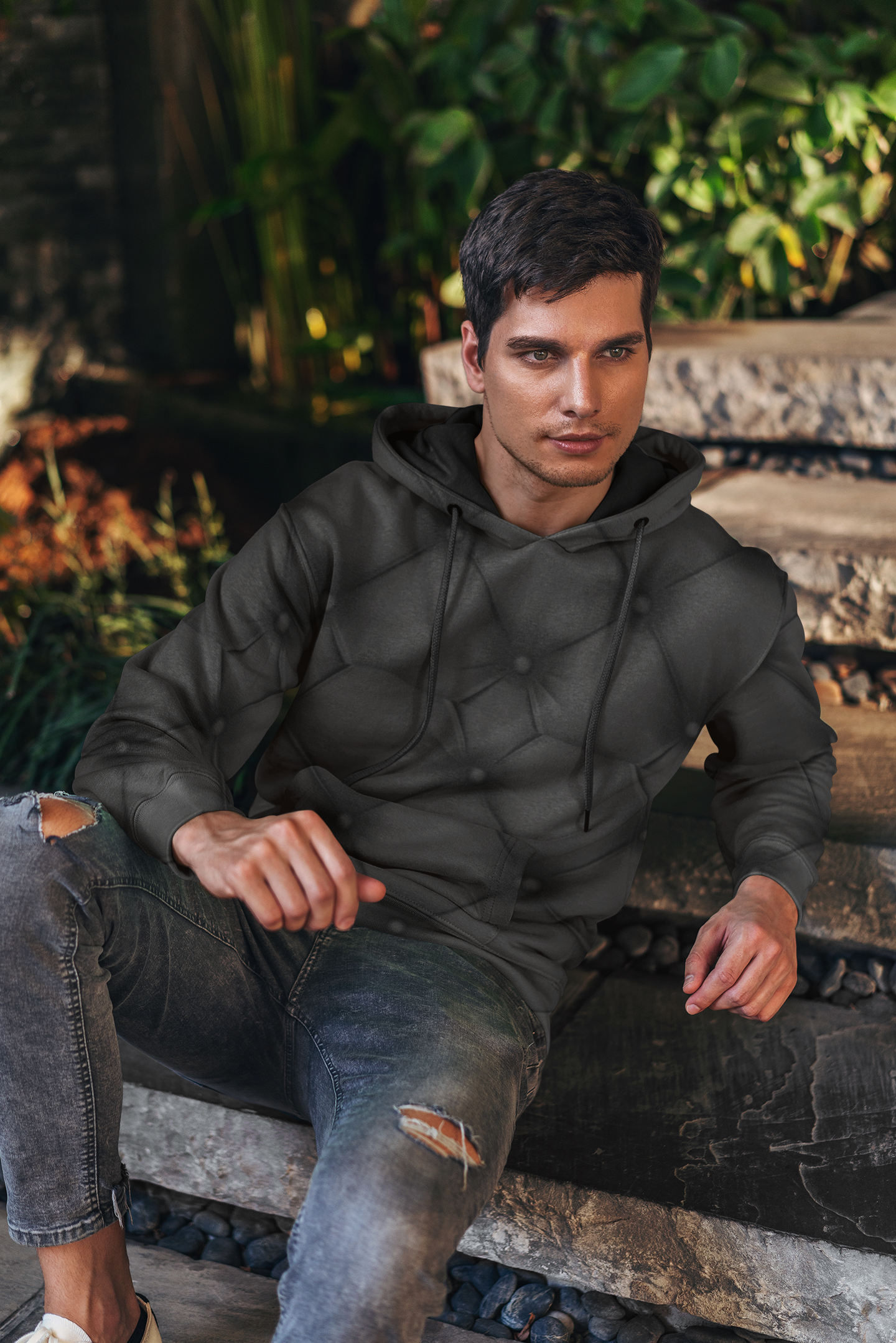 Men's Full-Zip Black Quilted Print Hoodie product thumbnail image