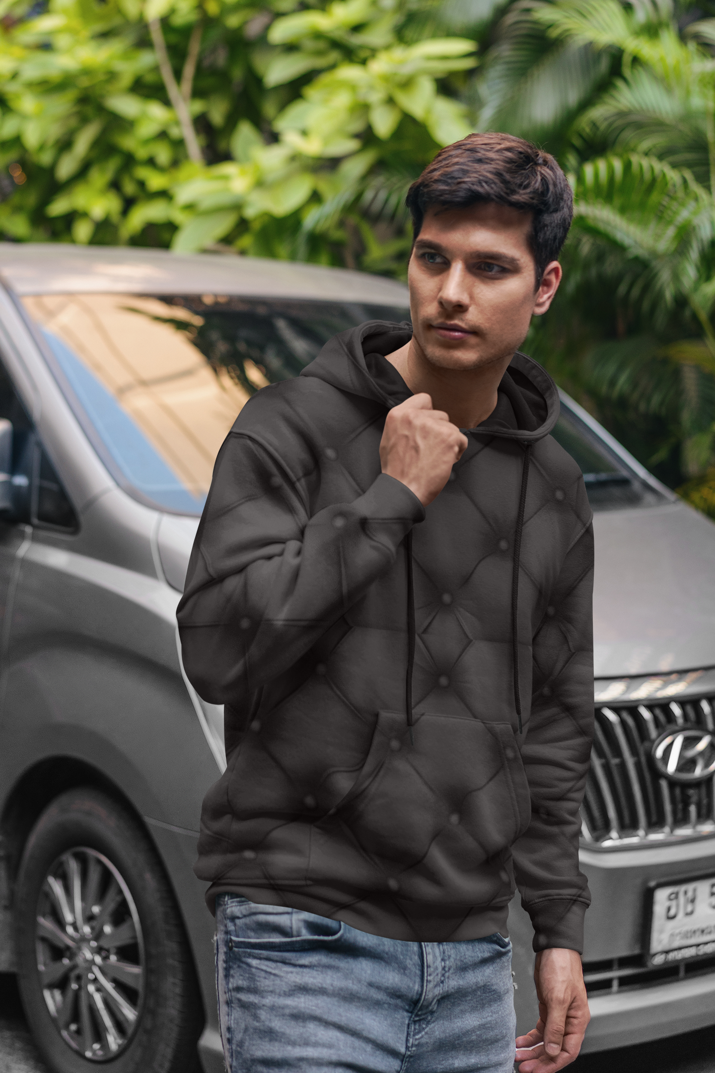 Men's Full-Zip Black Quilted Print Hoodie product thumbnail image