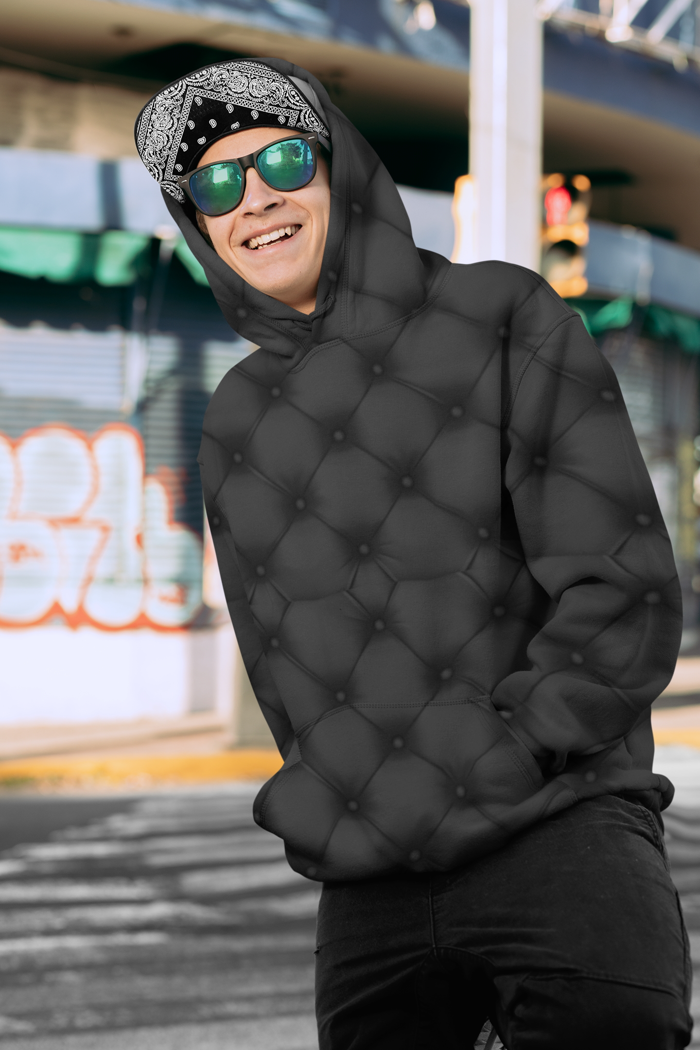 Men's Full-Zip Black Quilted Print Hoodie product thumbnail image