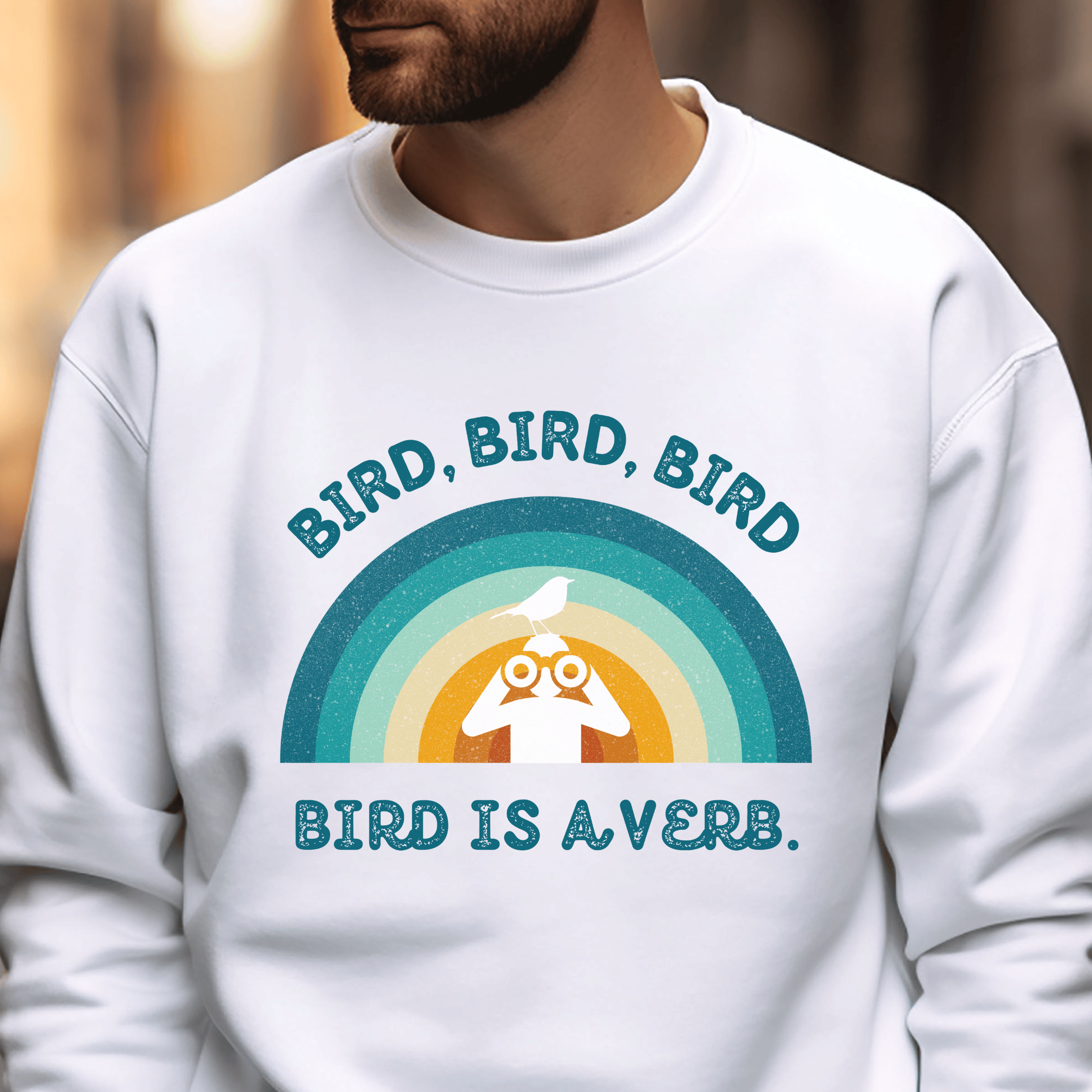 Bird Watching Sweatshirt - Retro Sunset Graphic Unisex Crewneck | Bird is a Verb | Funny Gift for Nature Lovers & Birders | Blue on White or Ash product thumbnail image Bird Watching Sweatshirt - Retro Sunset Graphic Unisex Crewneck | Bird is a Verb | Funny Gift for Nature Lovers & Birders | Blue on White or Ash product thumbnail image