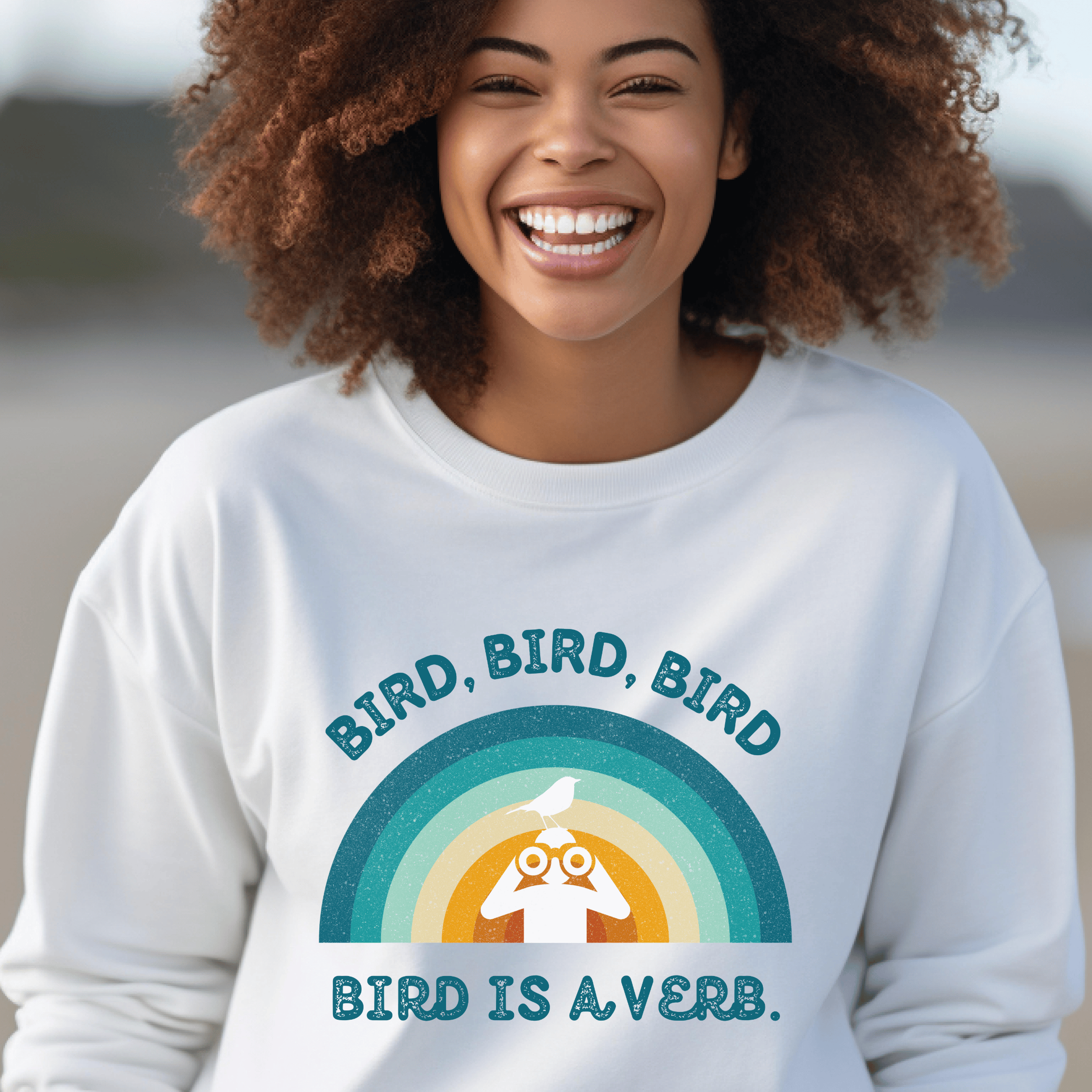 Bird Watching Sweatshirt - Retro Sunset Graphic Unisex Crewneck | Bird is a Verb | Funny Gift for Nature Lovers & Birders | Blue on White or Ash product thumbnail image Bird Watching Sweatshirt - Retro Sunset Graphic Unisex Crewneck | Bird is a Verb | Funny Gift for Nature Lovers & Birders | Blue on White or Ash product thumbnail image