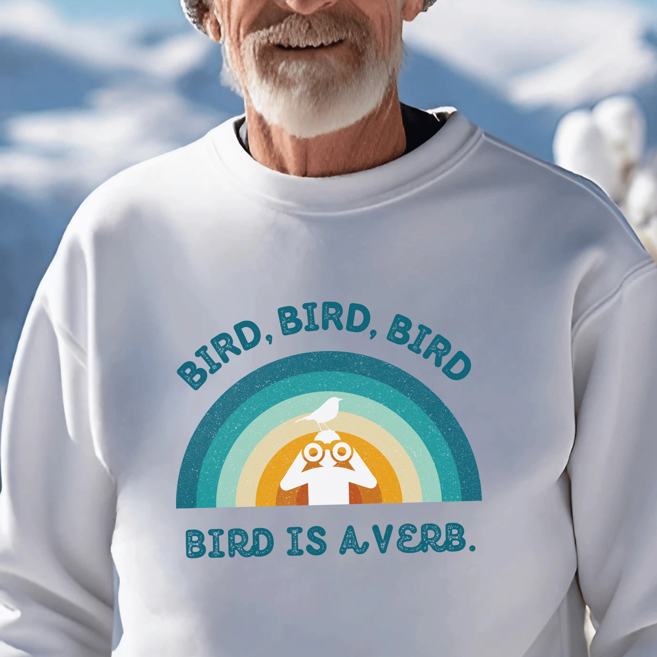 Bird Watching Sweatshirt - Retro Sunset Graphic Unisex Crewneck | Bird is a Verb | Funny Gift for Nature Lovers & Birders | Blue on White or Ash product thumbnail image Bird Watching Sweatshirt - Retro Sunset Graphic Unisex Crewneck | Bird is a Verb | Funny Gift for Nature Lovers & Birders | Blue on White or Ash product thumbnail image