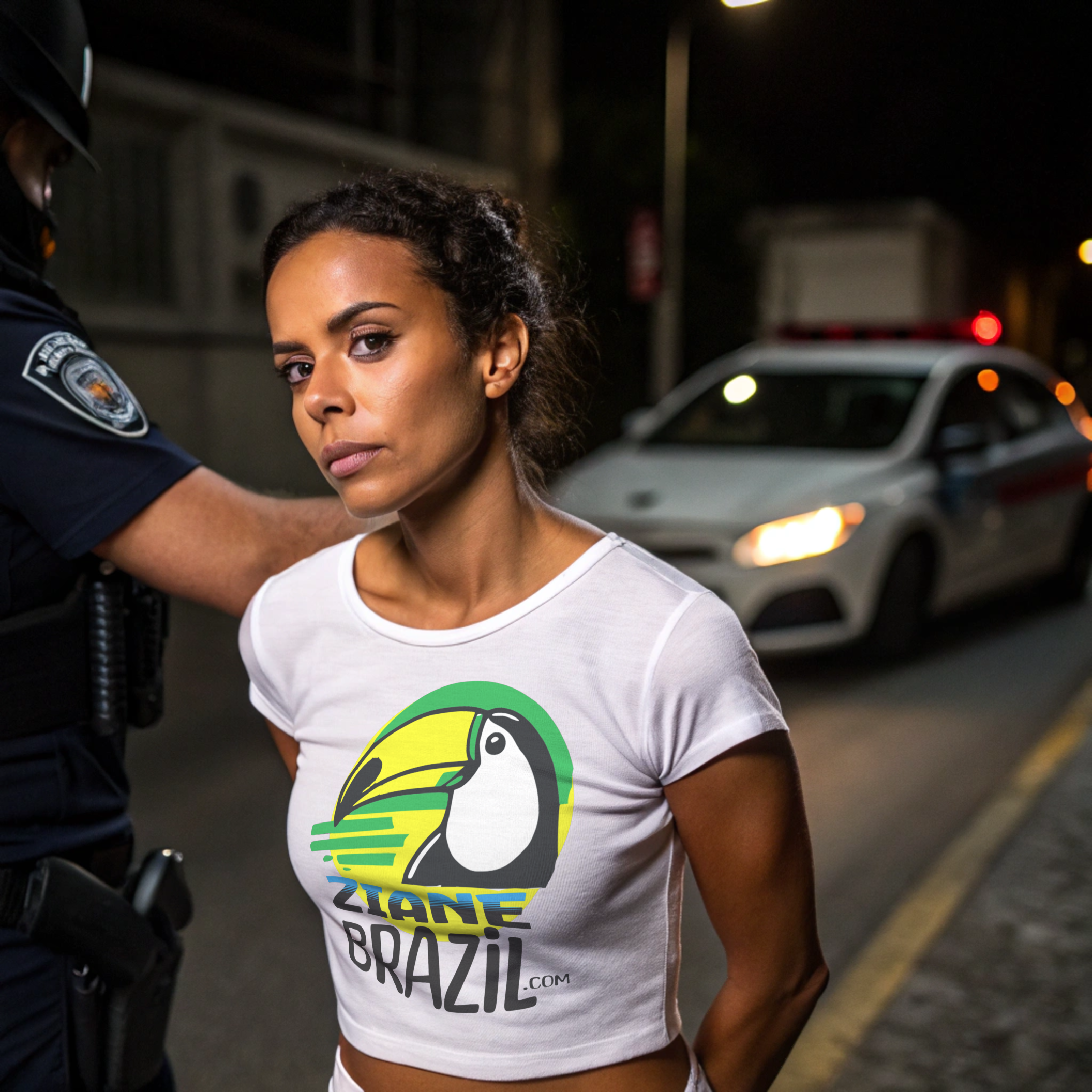 La Muñeca" or "The Doll Cropped Baby Tee - Woman Police Arrest Scene Design Karen Juliet Ojeda Rodríguez, product thumbnail image La Muñeca" or "The Doll Cropped Baby Tee - Woman Police Arrest Scene Design Karen Juliet Ojeda Rodríguez, product thumbnail image