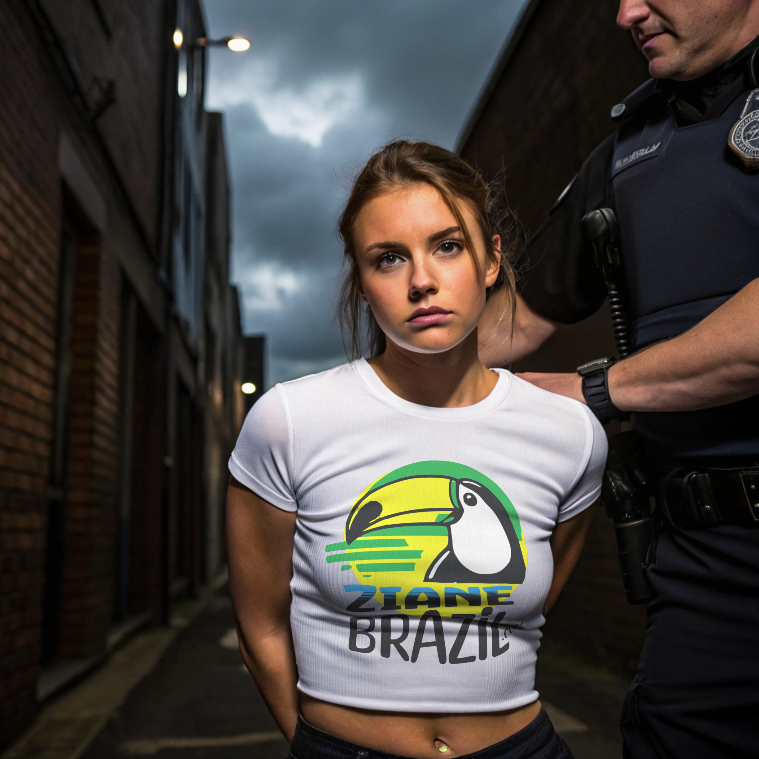 La Muñeca" or "The Doll Cropped Baby Tee - Woman Police Arrest Scene Design Karen Juliet Ojeda Rodríguez, product thumbnail image La Muñeca" or "The Doll Cropped Baby Tee - Woman Police Arrest Scene Design Karen Juliet Ojeda Rodríguez, product thumbnail image