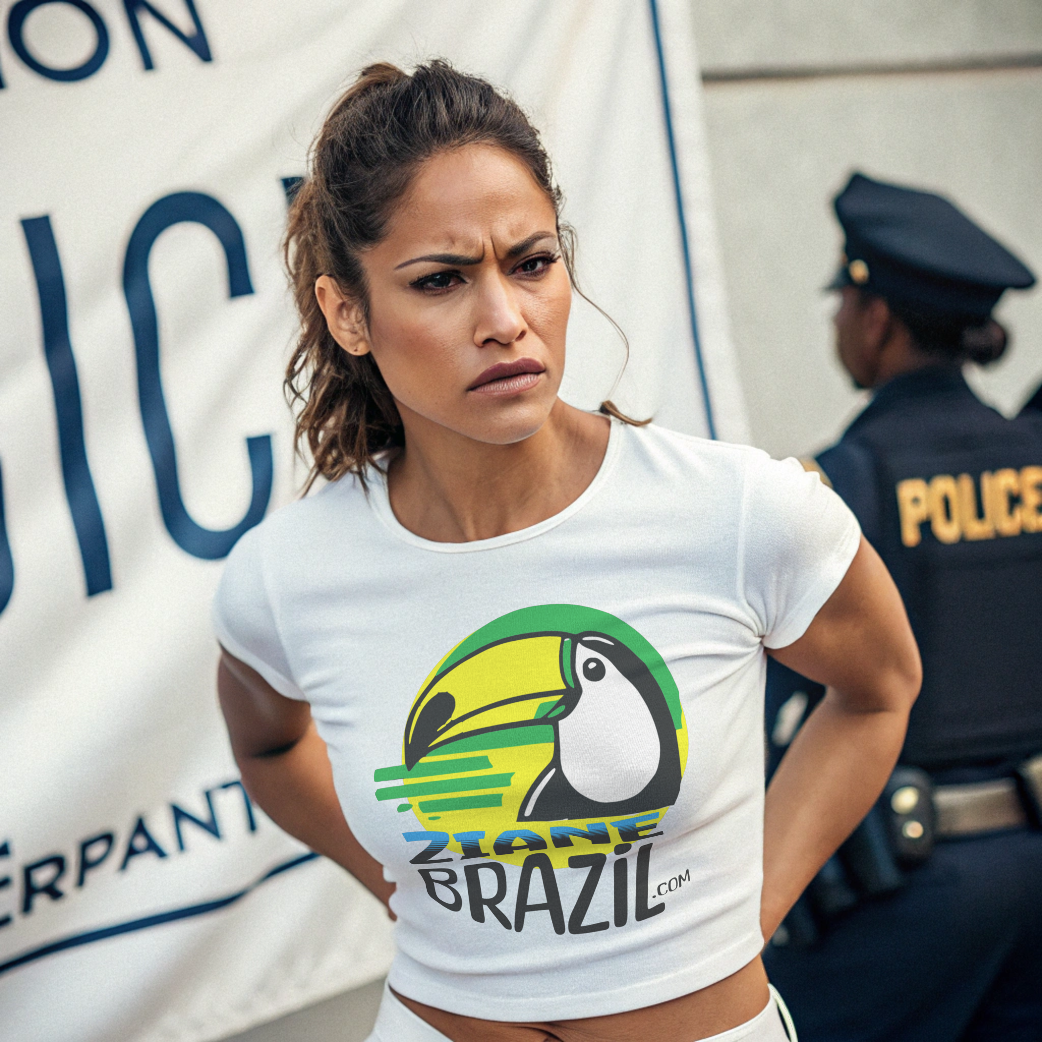 La Muñeca" or "The Doll Cropped Baby Tee - Woman Police Arrest Scene Design Karen Juliet Ojeda Rodríguez, product thumbnail image La Muñeca" or "The Doll Cropped Baby Tee - Woman Police Arrest Scene Design Karen Juliet Ojeda Rodríguez, product thumbnail image