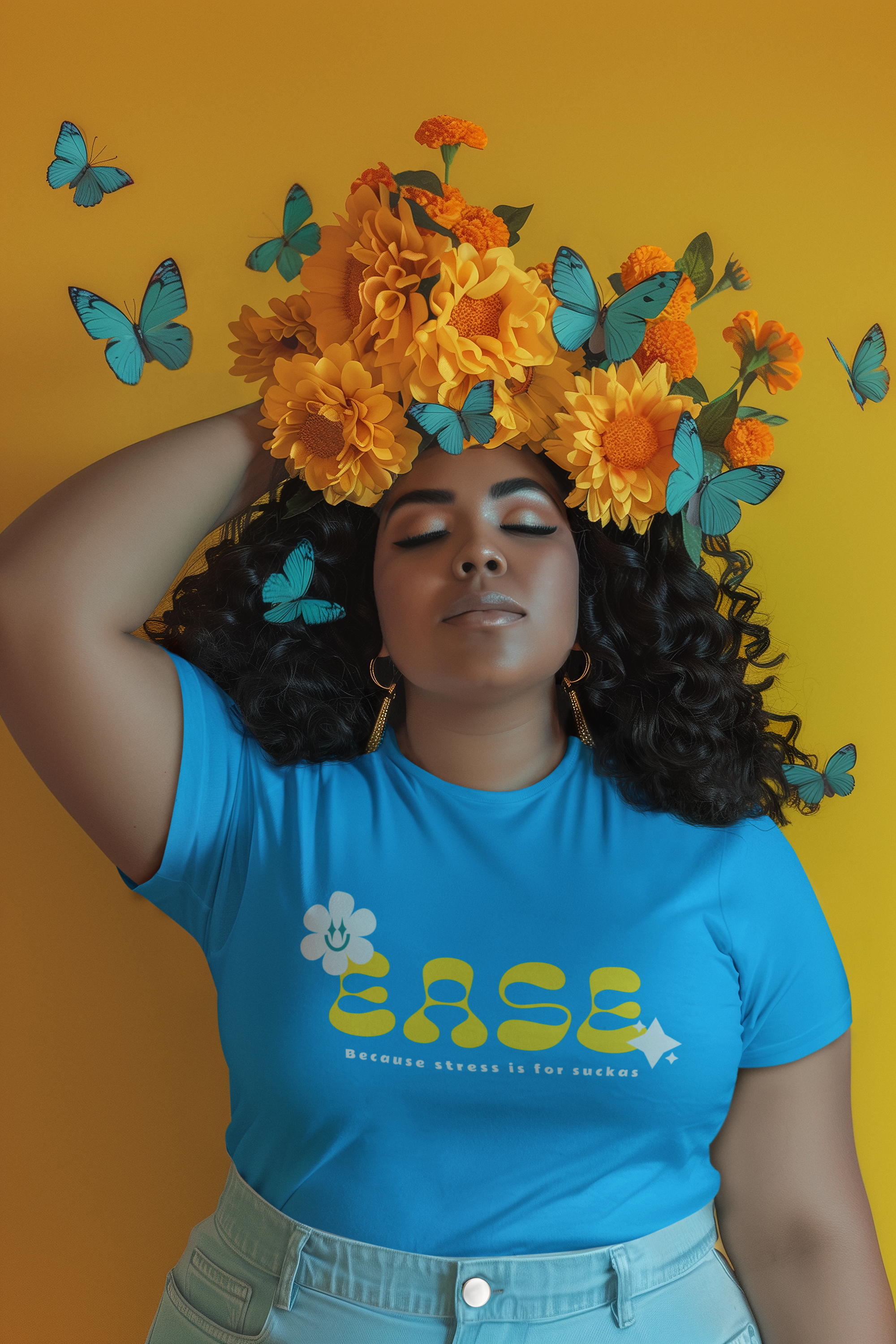 "EASE: Because stress is for suckas" Smiling Daisy Graphic Unisex Airlume Jersey Cotton Tee product thumbnail image "EASE: Because stress is for suckas" Smiling Daisy Graphic Unisex Airlume Jersey Cotton Tee product thumbnail image