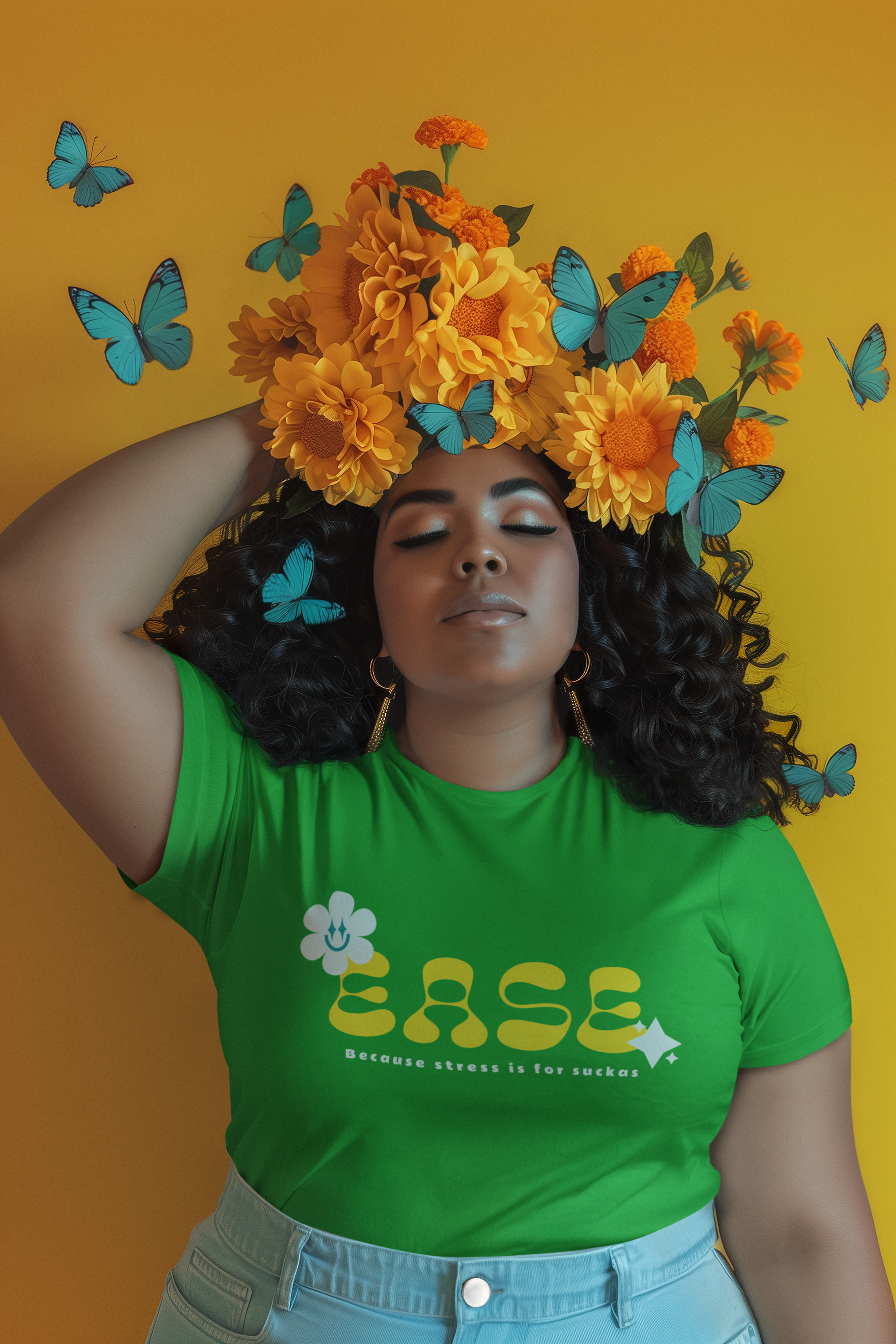 "EASE: Because stress is for suckas" Smiling Daisy Graphic Unisex Airlume Jersey Cotton Tee product thumbnail image "EASE: Because stress is for suckas" Smiling Daisy Graphic Unisex Airlume Jersey Cotton Tee product thumbnail image