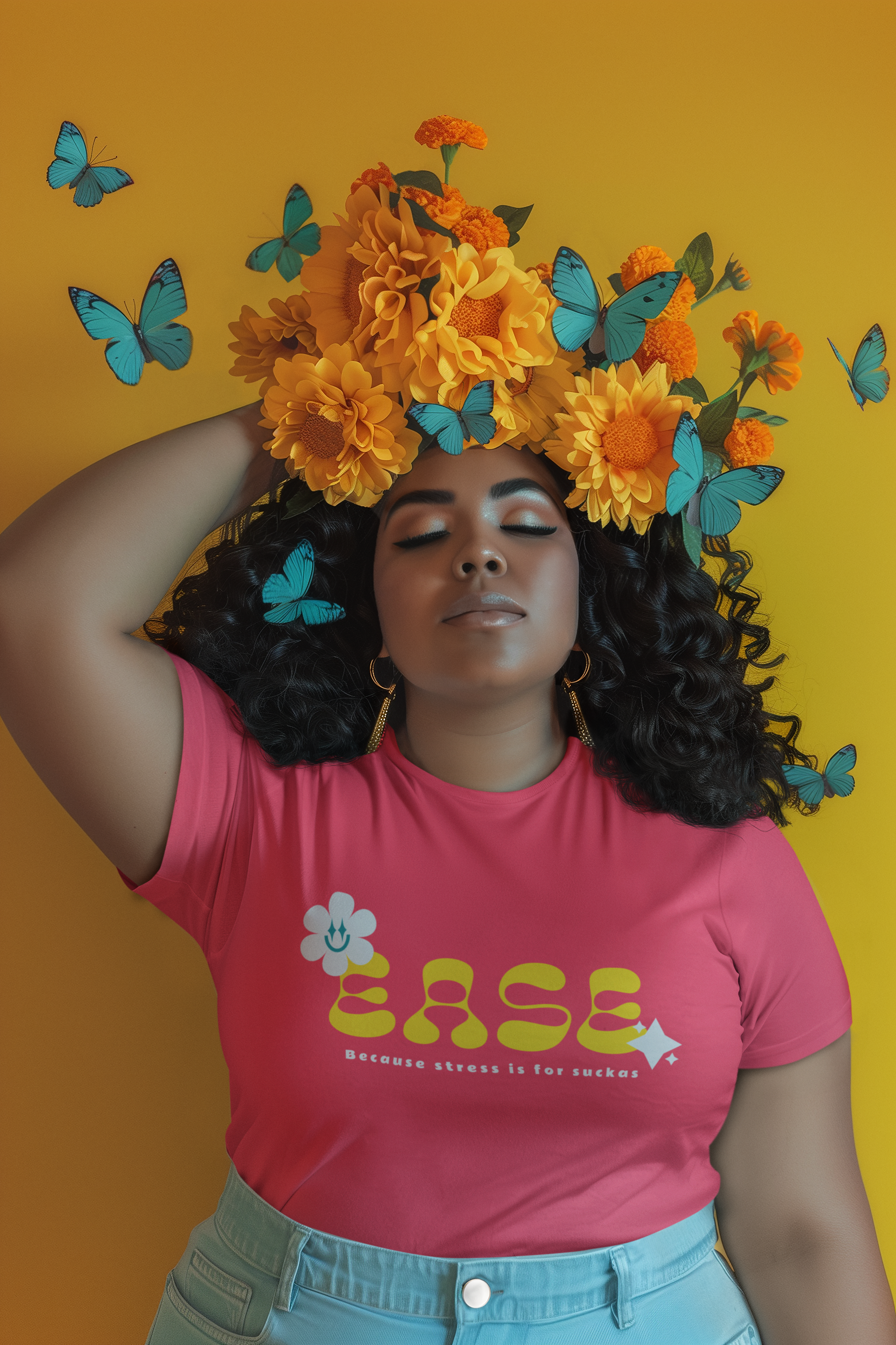 "EASE: Because stress is for suckas" Smiling Daisy Graphic Unisex Airlume Jersey Cotton Tee product thumbnail image "EASE: Because stress is for suckas" Smiling Daisy Graphic Unisex Airlume Jersey Cotton Tee product thumbnail image