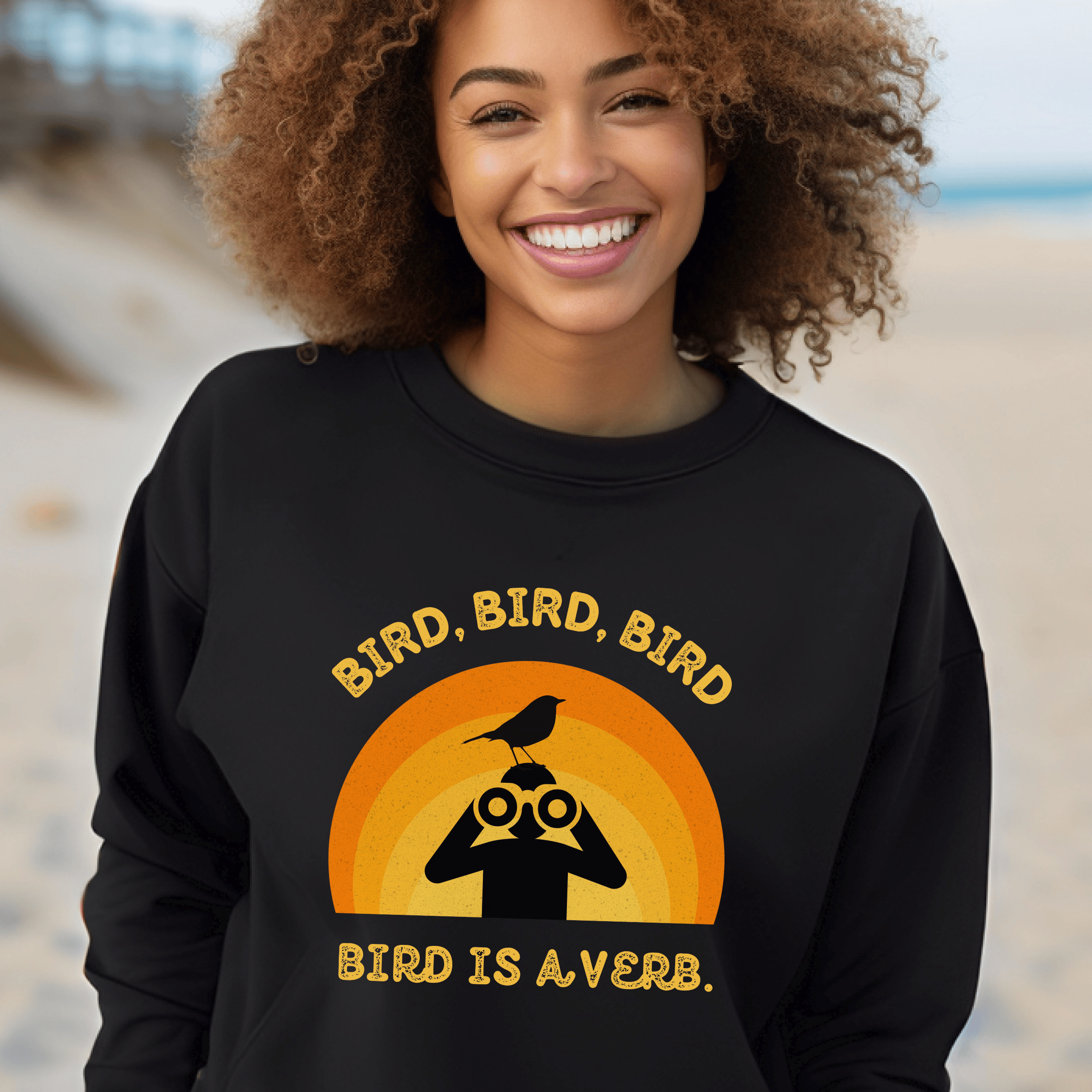 Bird Watching Sweatshirt - Retro Sunset Graphic Unisex Crewneck | Bird is a Verb | Funny Gift for Nature Lovers &amp; Birders | Navy, Black product thumbnail image