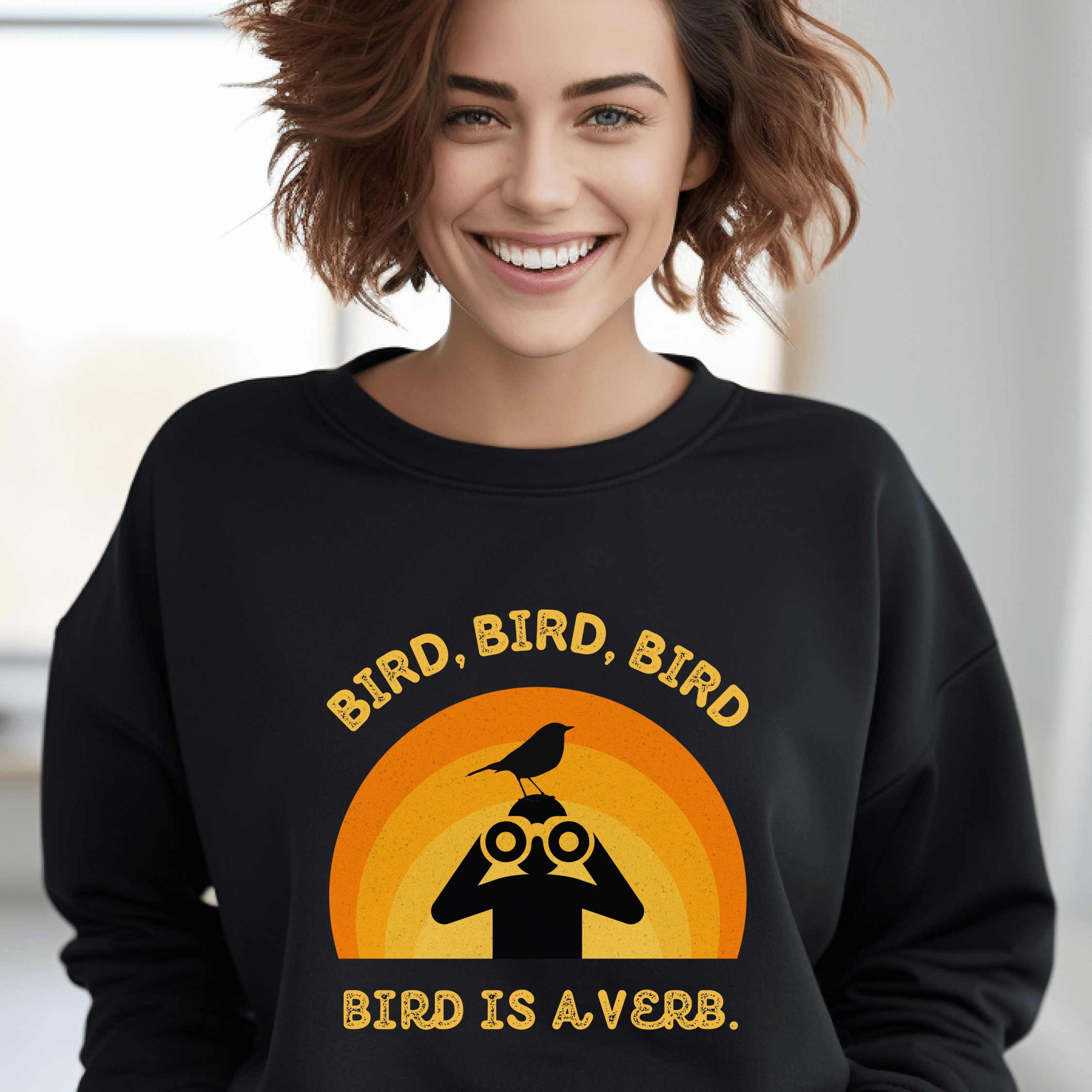 Bird Watching Sweatshirt - Retro Sunset Graphic Unisex Crewneck | Bird is a Verb | Funny Gift for Nature Lovers & Birders | Navy, Black product thumbnail image Bird Watching Sweatshirt - Retro Sunset Graphic Unisex Crewneck | Bird is a Verb | Funny Gift for Nature Lovers & Birders | Navy, Black product thumbnail image