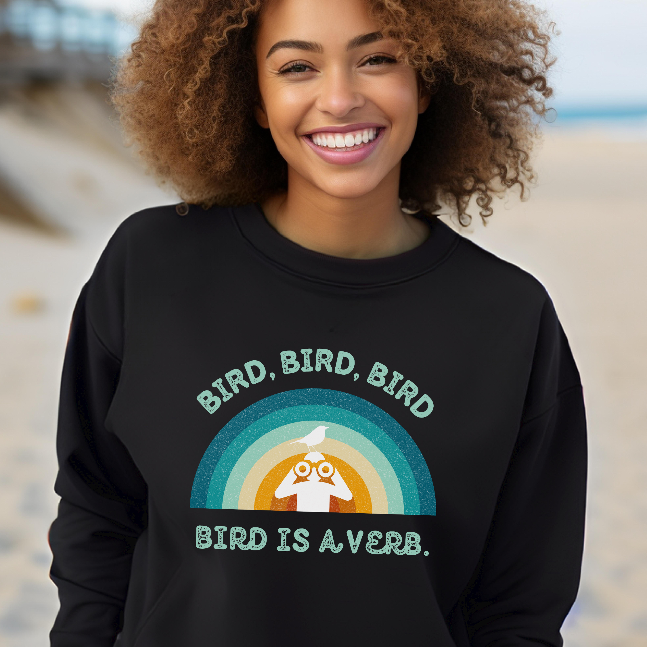 Bird Watching Sweatshirt - Retro Sunset Graphic Unisex Crewneck | Bird is a Verb | Funny Gift for Nature Lovers &amp; Birders | Navy, Black product thumbnail image