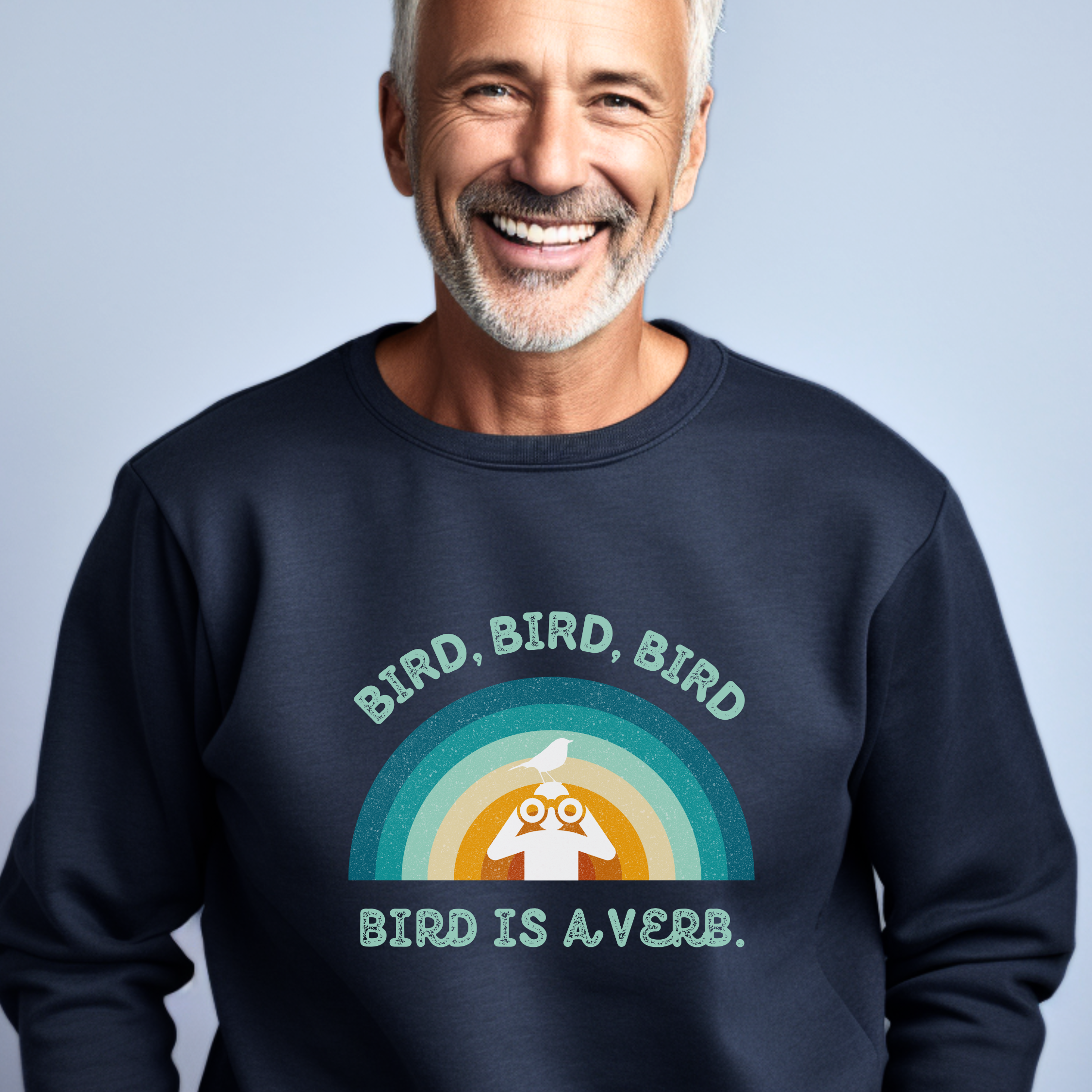 Bird Watching Sweatshirt - Retro Sunset Graphic Unisex Crewneck | Bird is a Verb | Funny Gift for Nature Lovers &amp; Birders | Navy, Black product thumbnail image