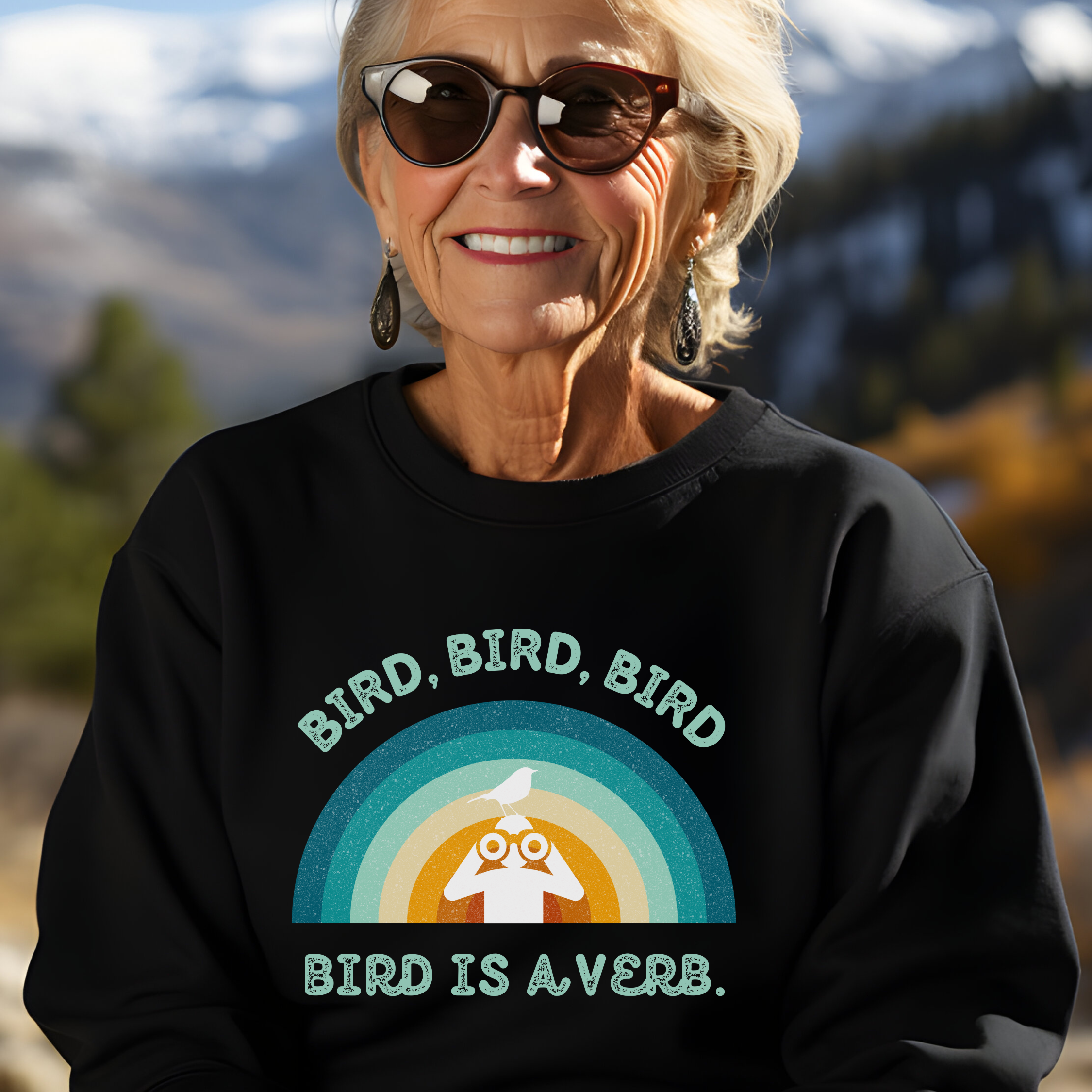 Bird Watching Sweatshirt - Retro Sunset Graphic Unisex Crewneck | Bird is a Verb | Funny Gift for Nature Lovers &amp; Birders | Navy, Black product thumbnail image