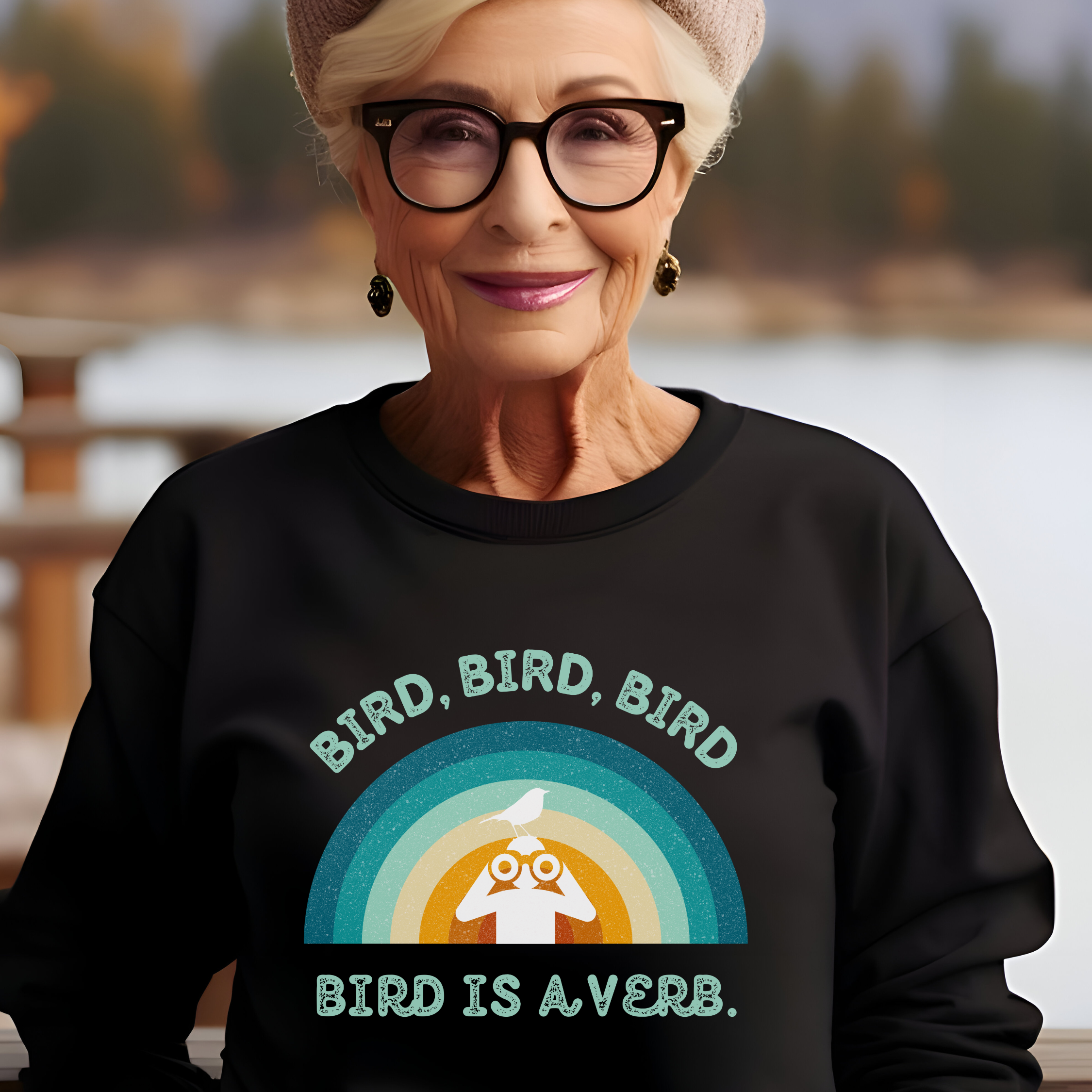 Bird Watching Sweatshirt - Retro Sunset Graphic Unisex Crewneck | Bird is a Verb | Funny Gift for Nature Lovers &amp; Birders | Navy, Black product thumbnail image