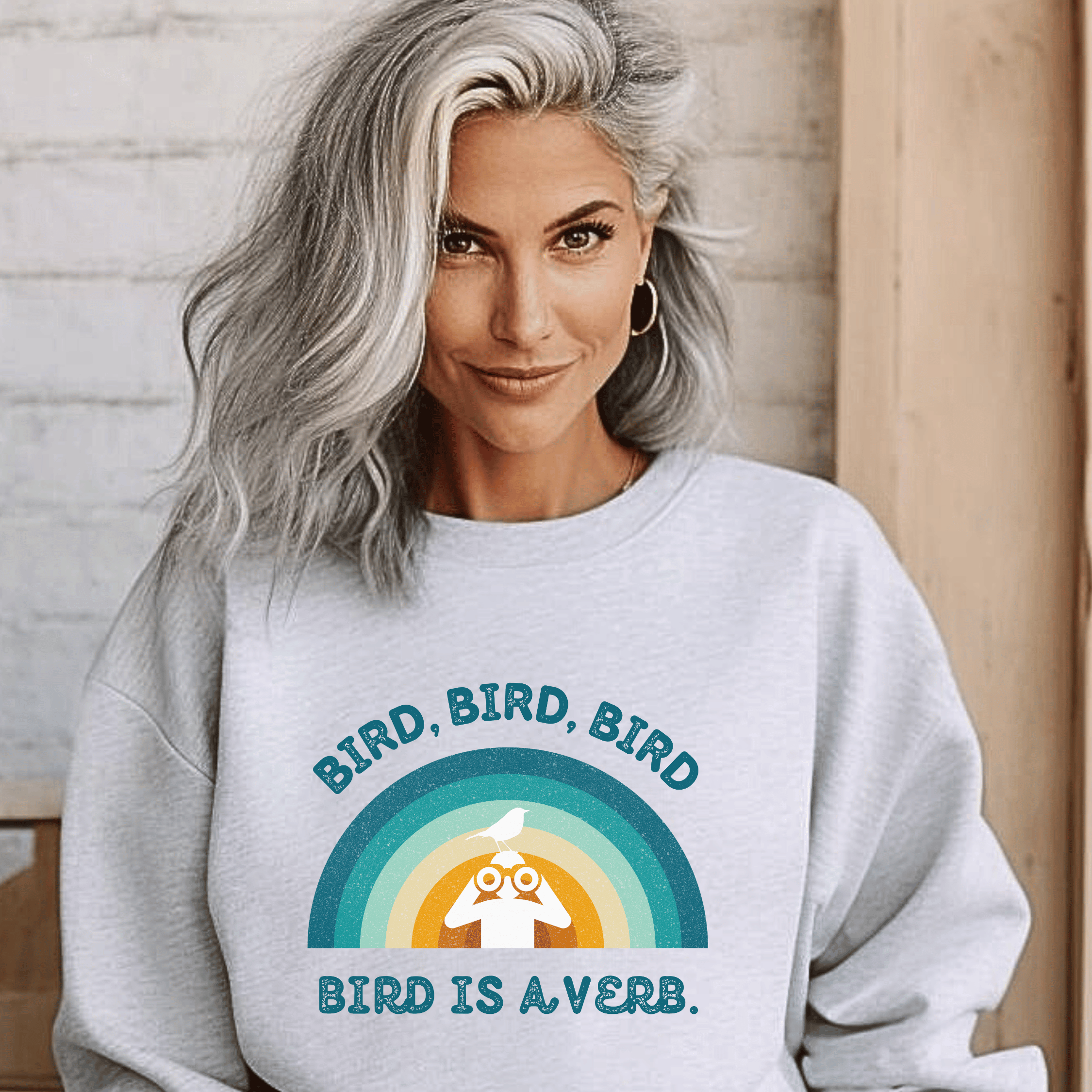 Bird Watching Sweatshirt - Retro Sunset Graphic Unisex Crewneck | Bird is a Verb | Funny Gift for Nature Lovers &amp; Birders | Blue on White or Ash