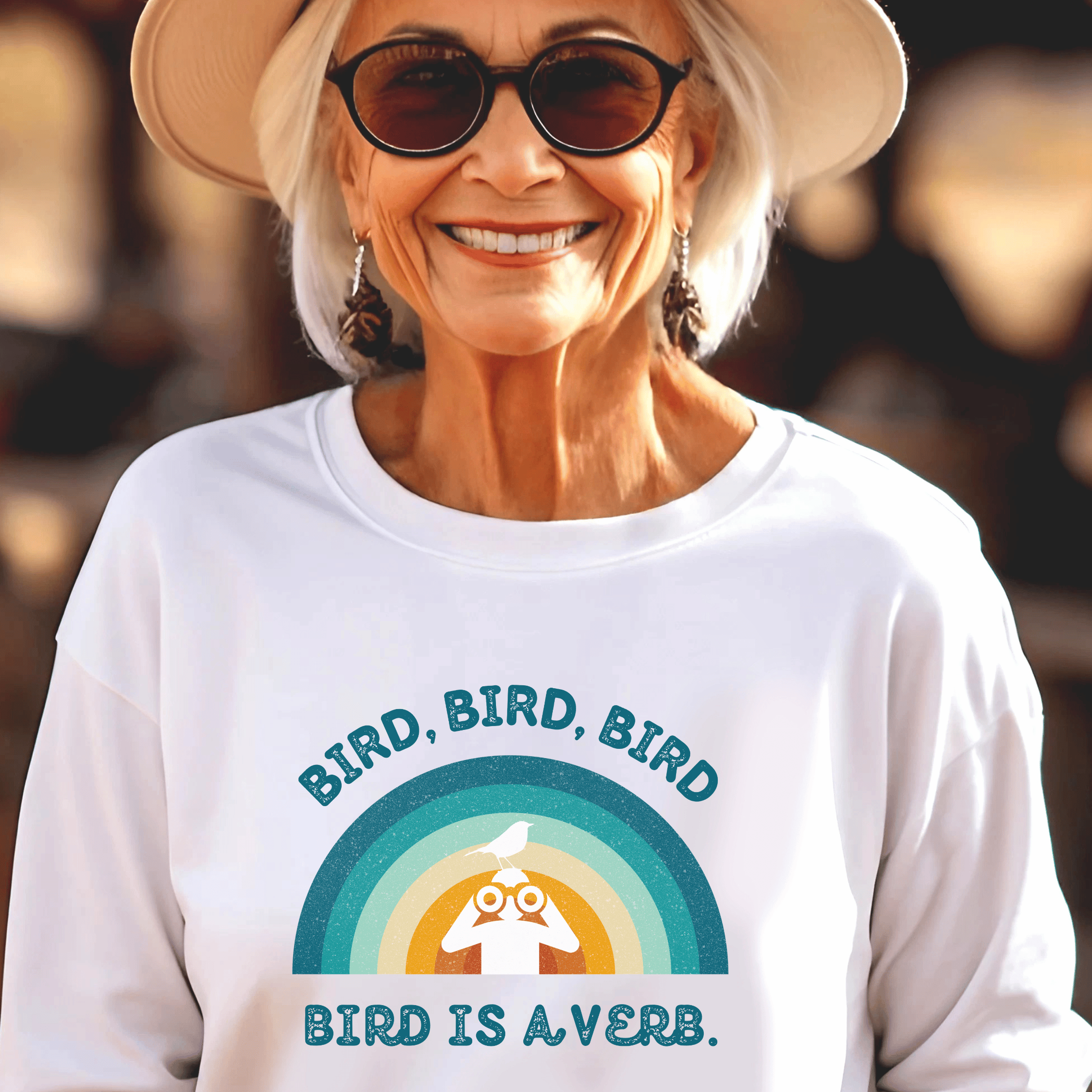 Bird Watching Sweatshirt - Retro Sunset Graphic Unisex Crewneck | Bird is a Verb | Funny Gift for Nature Lovers &amp; Birders | Blue on White or Ash product thumbnail image