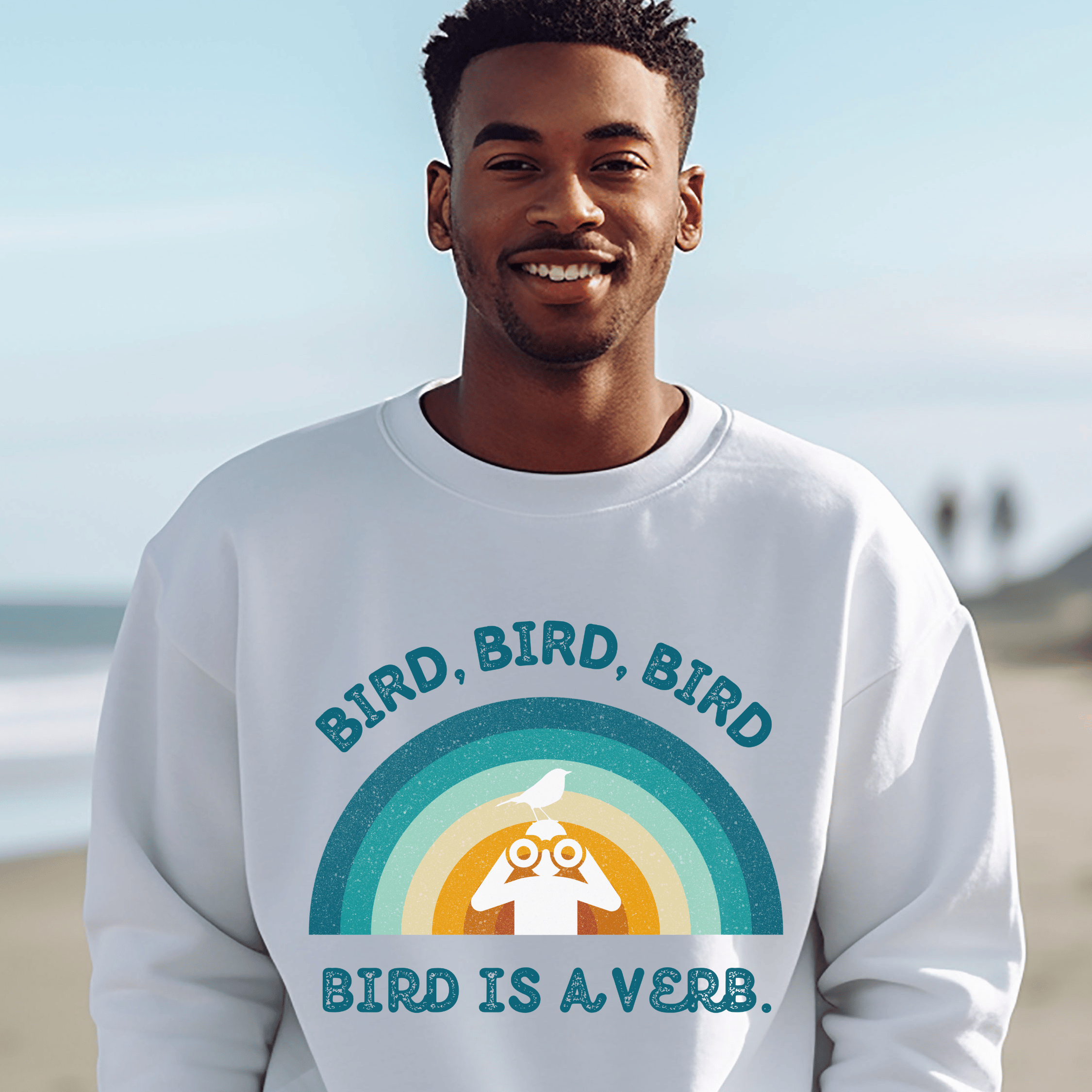 Bird Watching Sweatshirt - Retro Sunset Graphic Unisex Crewneck | Bird is a Verb | Funny Gift for Nature Lovers & Birders | Blue on White or Ash product thumbnail image Bird Watching Sweatshirt - Retro Sunset Graphic Unisex Crewneck | Bird is a Verb | Funny Gift for Nature Lovers & Birders | Blue on White or Ash product thumbnail image