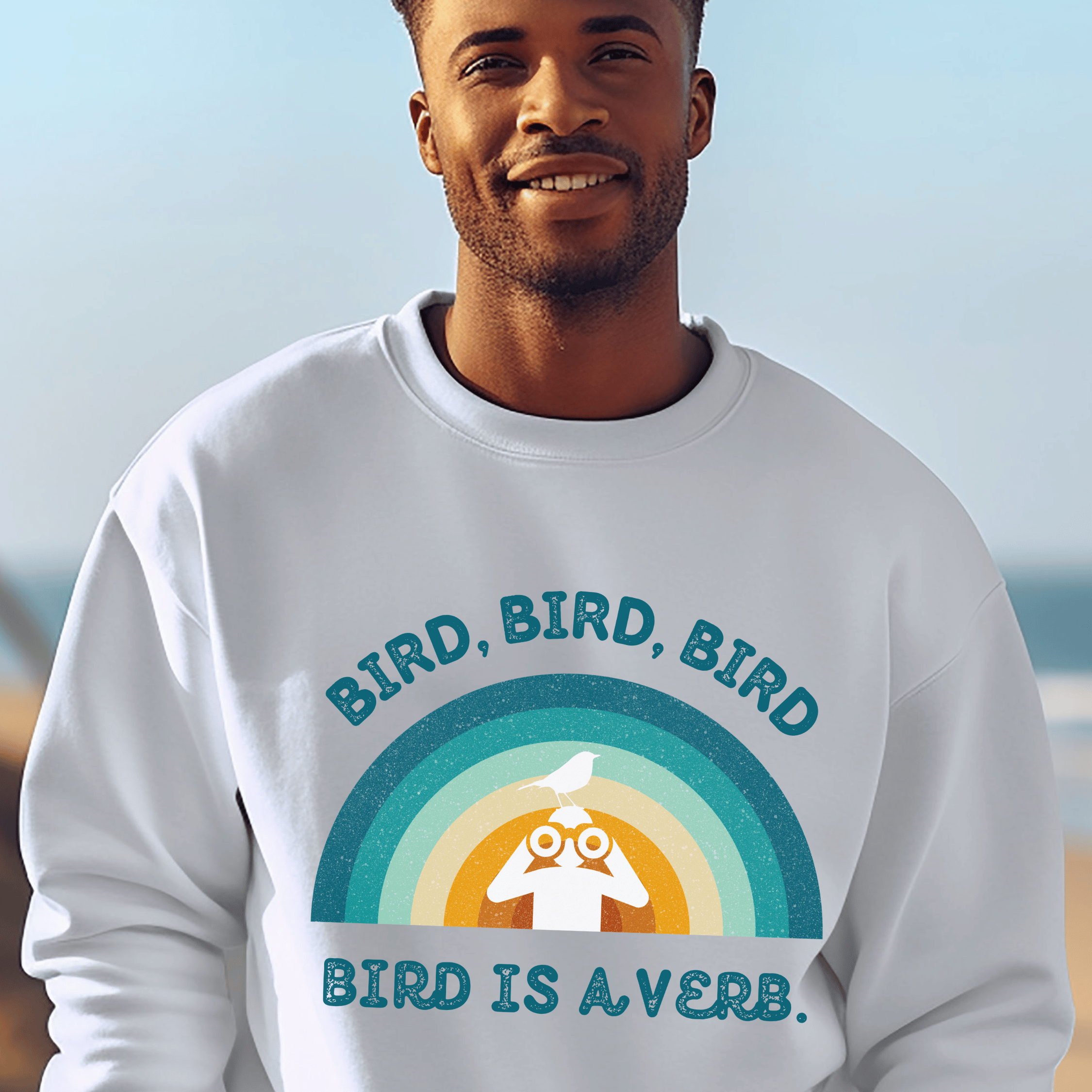 Bird Watching Sweatshirt - Retro Sunset Graphic Unisex Crewneck | Bird is a Verb | Funny Gift for Nature Lovers &amp; Birders | Blue on White or Ash product thumbnail image