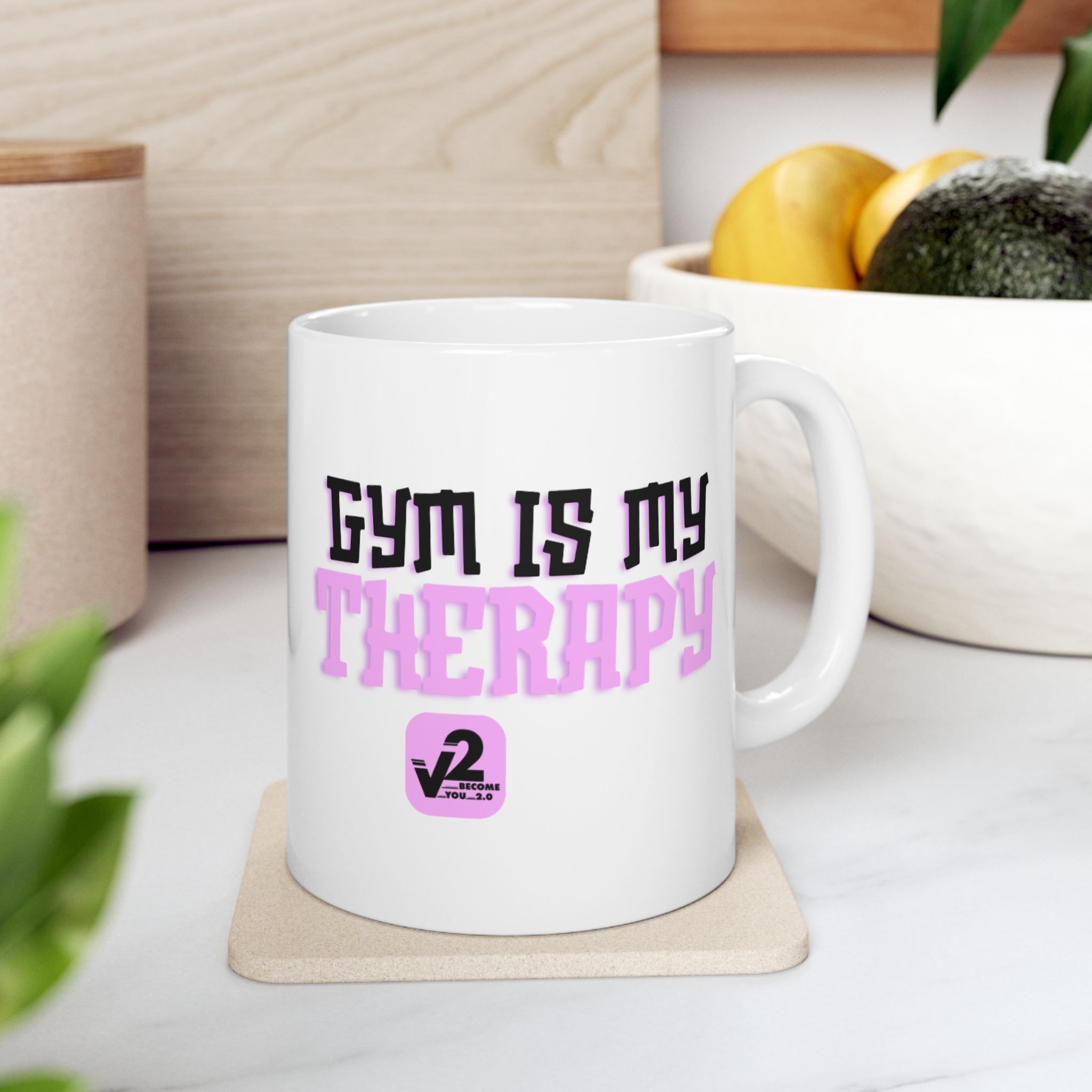V2 Become You 2.0 | Ceramic Mug, (11oz, 15oz), V2 Logo 2-sided White Mug, Gym is my Therapy (design 2) product thumbnail image V2 Become You 2.0 | Ceramic Mug, (11oz, 15oz), V2 Logo 2-sided White Mug, Gym is my Therapy (design 2) product thumbnail image