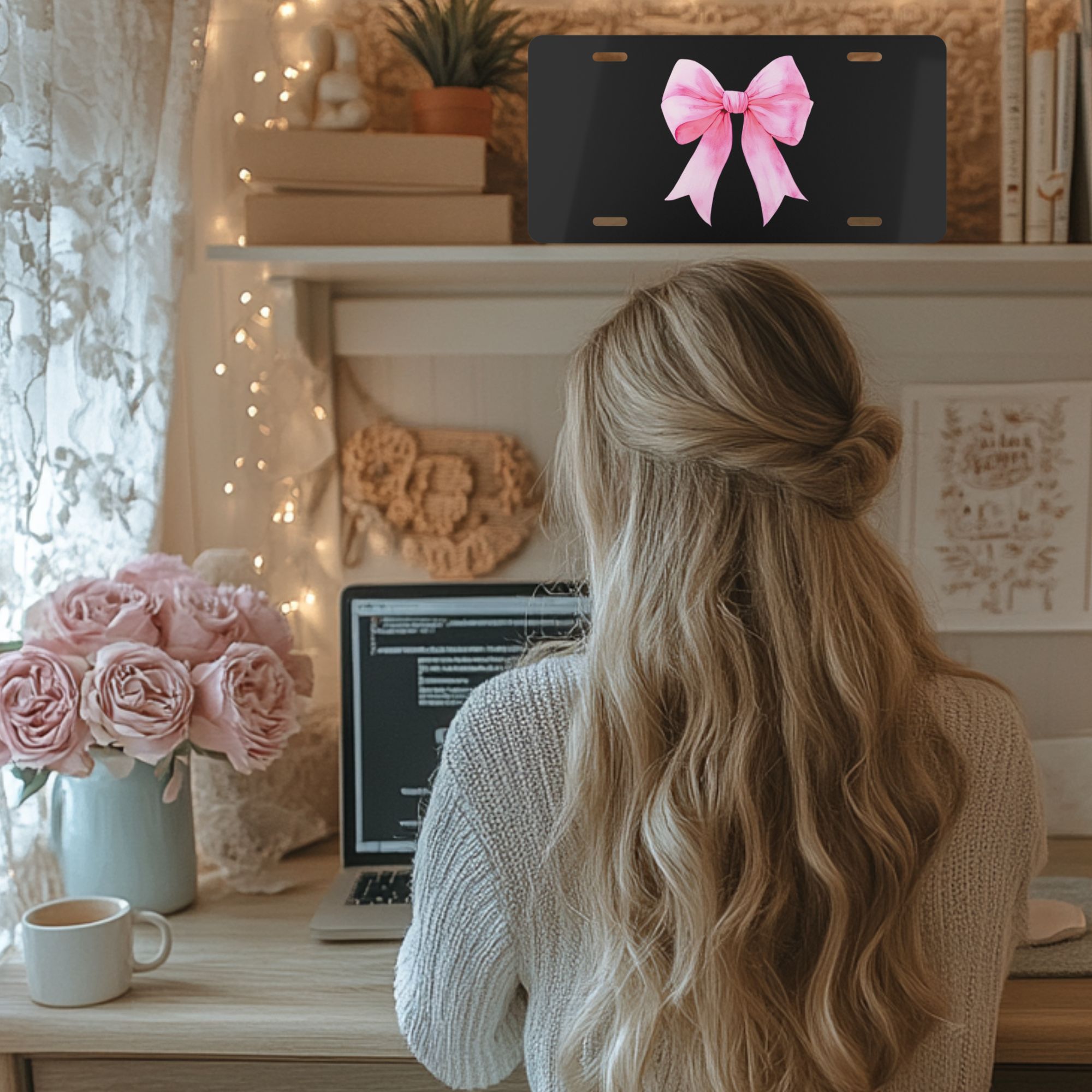 Pink Bow Car Accessories, Pink Bow License Plate for Women, Pink Car Accessories for Teens, Girly License Plate, Girly Car Accessories, Coquette Car Accessories, Cute License Plate, Car Bow, Coquette Car,Blk Bg product thumbnail image