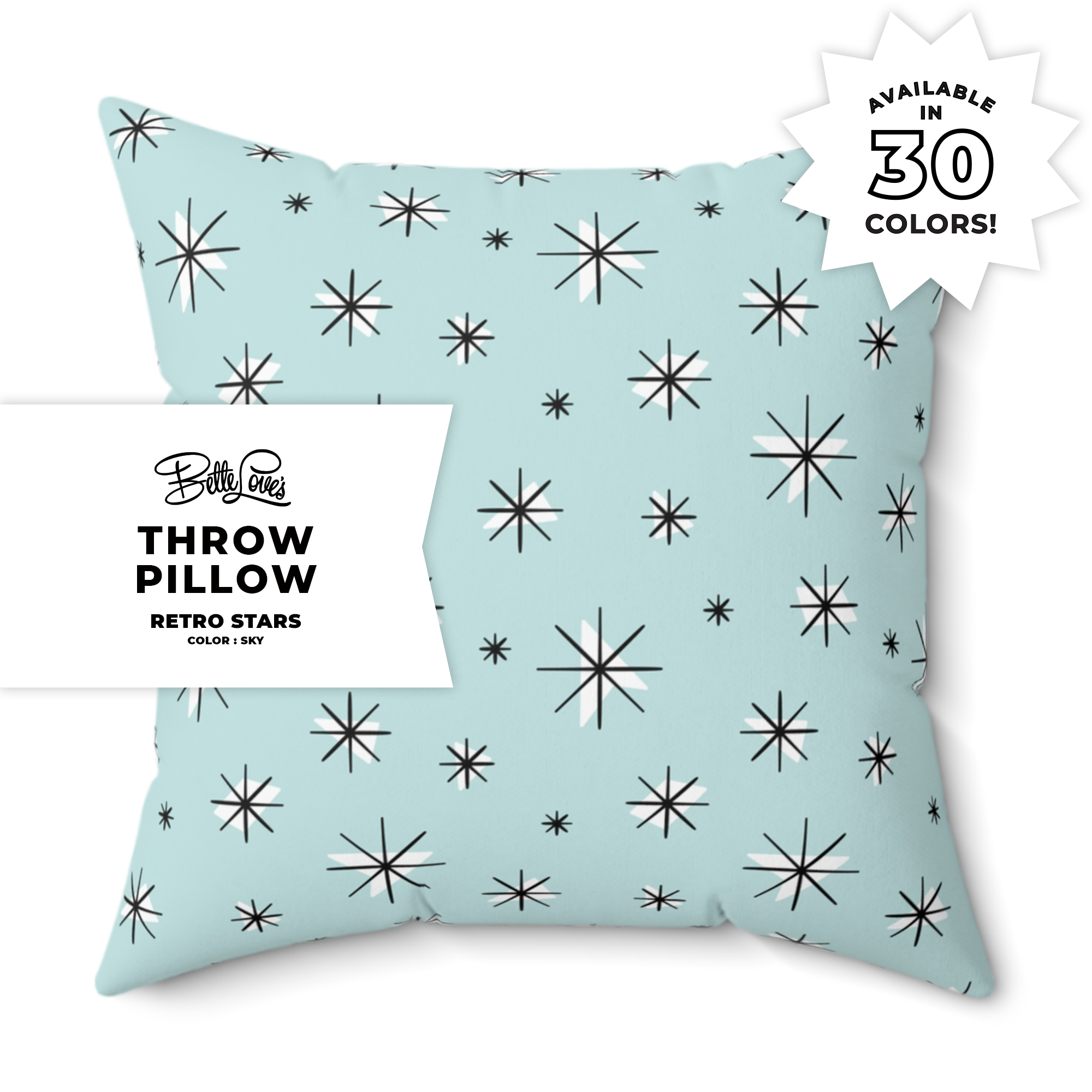 Retro Stars Throw Pillow in Sky product thumbnail image Retro Stars Throw Pillow in Sky product thumbnail image