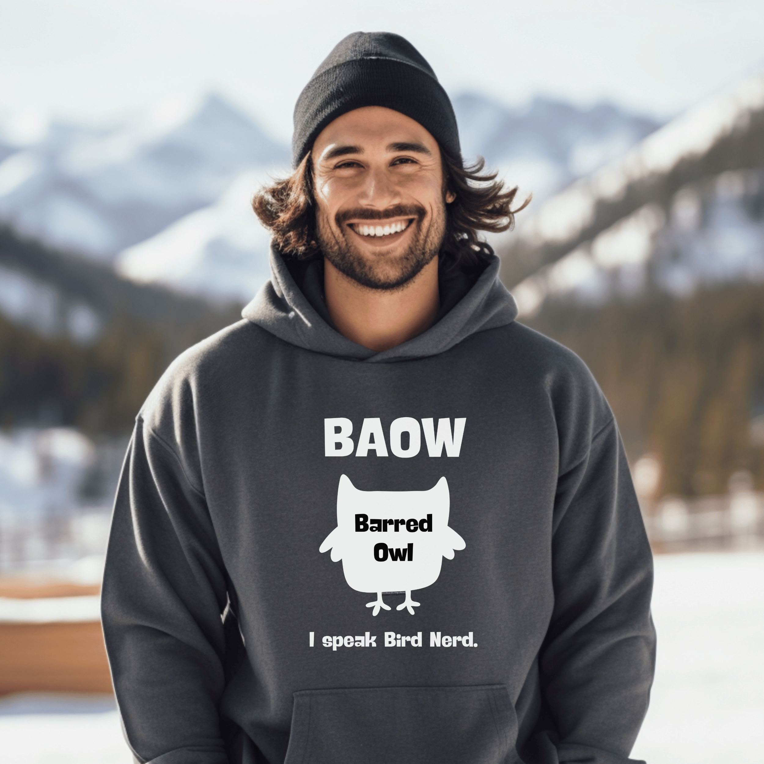 Barred Owl "I Speak Bird Nerd" Hoodie – Cute Owl Graphic Sweatshirt for Bird Lovers & Outdoor Enthusiasts | Black, Navy, Ash or Gray Heather product thumbnail image Barred Owl "I Speak Bird Nerd" Hoodie – Cute Owl Graphic Sweatshirt for Bird Lovers & Outdoor Enthusiasts | Black, Navy, Ash or Gray Heather product thumbnail image