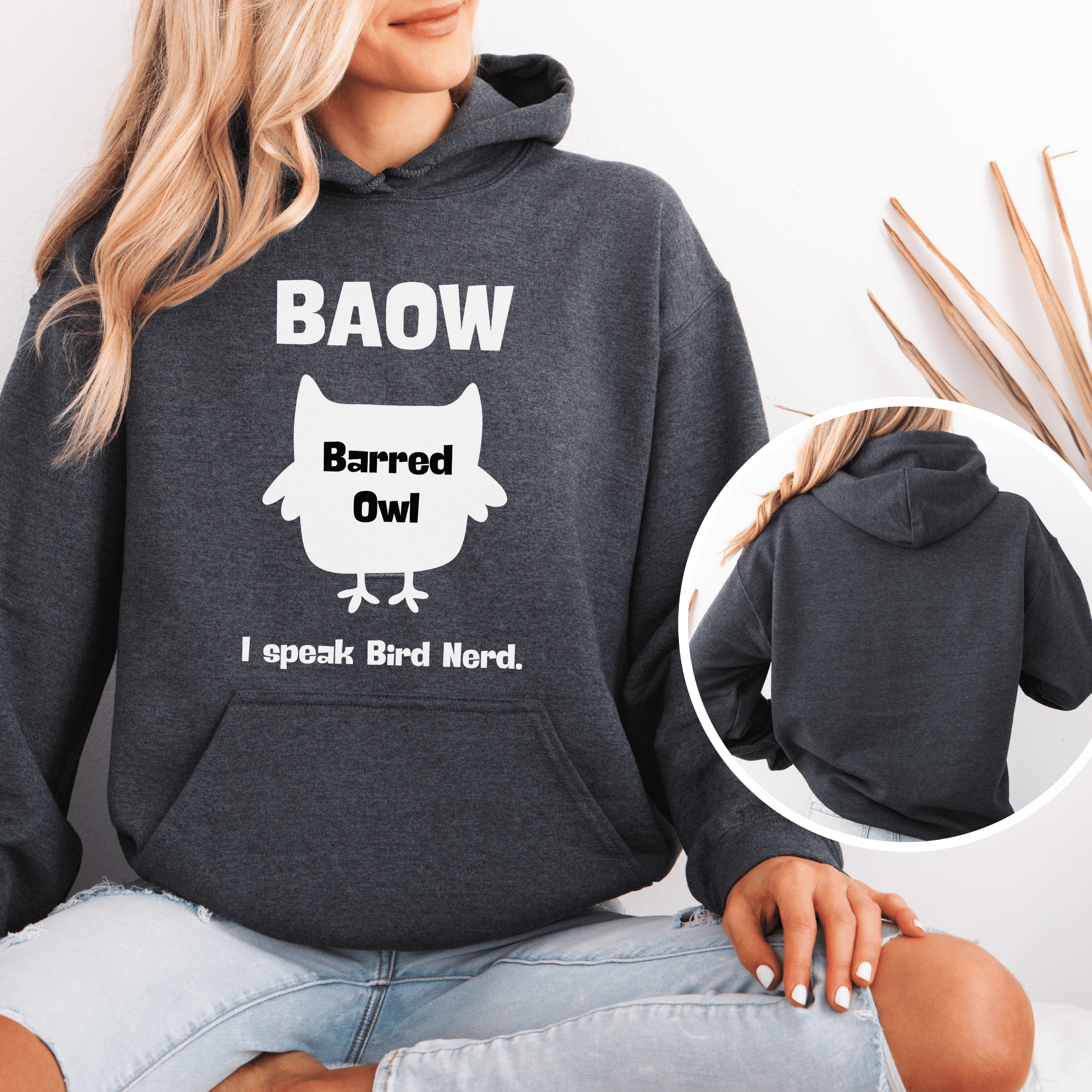 Barred Owl "I Speak Bird Nerd" Hoodie – Cute Owl Graphic Sweatshirt for Bird Lovers & Outdoor Enthusiasts | Black, Navy, Ash or Gray Heather product thumbnail image Barred Owl "I Speak Bird Nerd" Hoodie – Cute Owl Graphic Sweatshirt for Bird Lovers & Outdoor Enthusiasts | Black, Navy, Ash or Gray Heather product thumbnail image