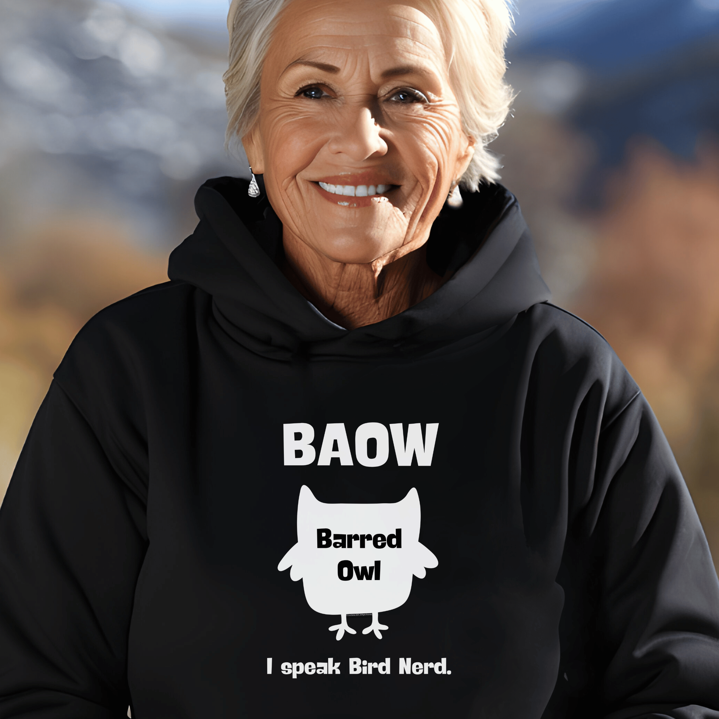 Barred Owl "I Speak Bird Nerd" Hoodie – Cute Owl Graphic Sweatshirt for Bird Lovers & Outdoor Enthusiasts | Black, Navy, Ash or Gray Heather product thumbnail image Barred Owl "I Speak Bird Nerd" Hoodie – Cute Owl Graphic Sweatshirt for Bird Lovers & Outdoor Enthusiasts | Black, Navy, Ash or Gray Heather product thumbnail image