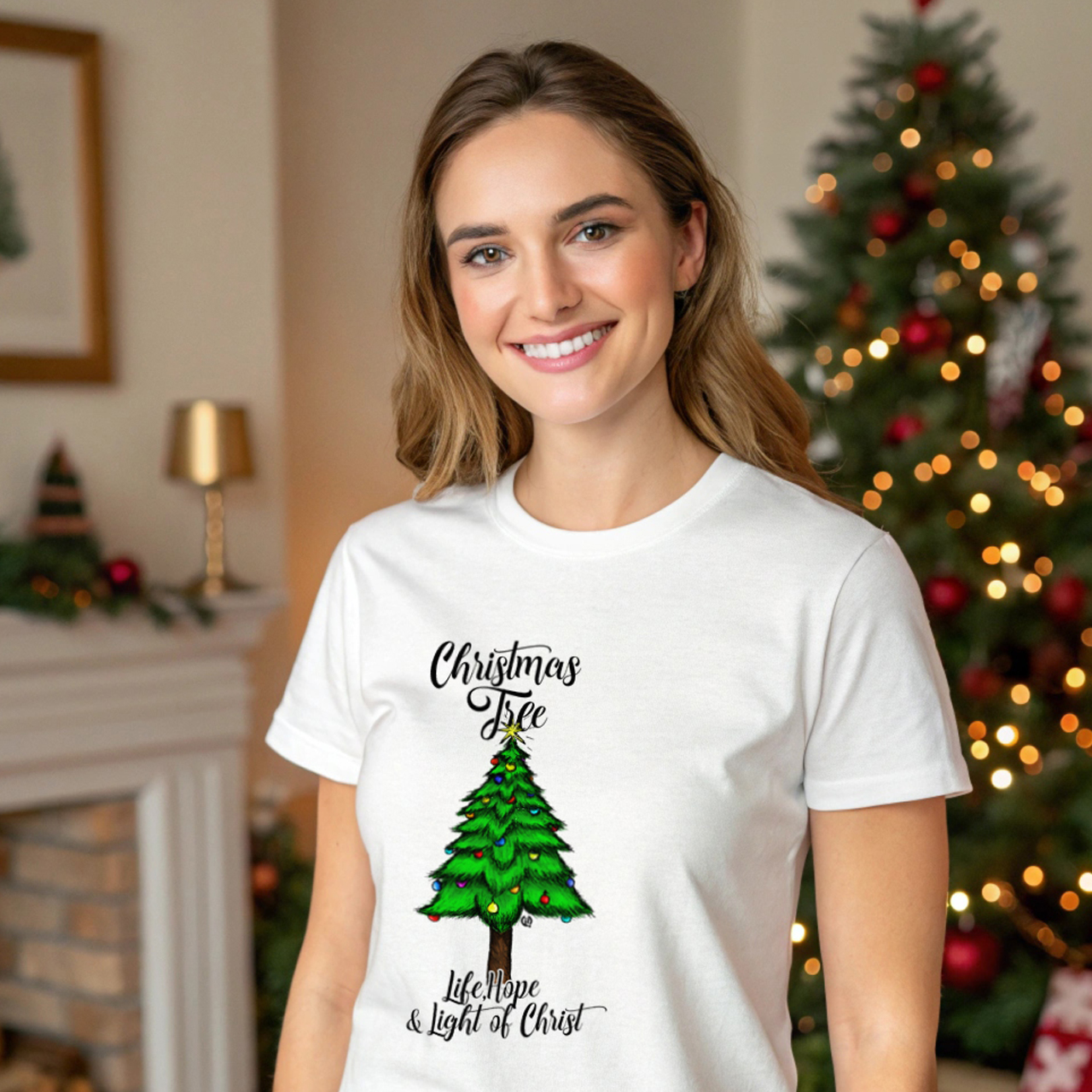 Christmas Tree: Life,Hope and Light of Christ- Heavy Cotton Tee Christmas Tree: Life,Hope and Light of Christ- Heavy Cotton Tee