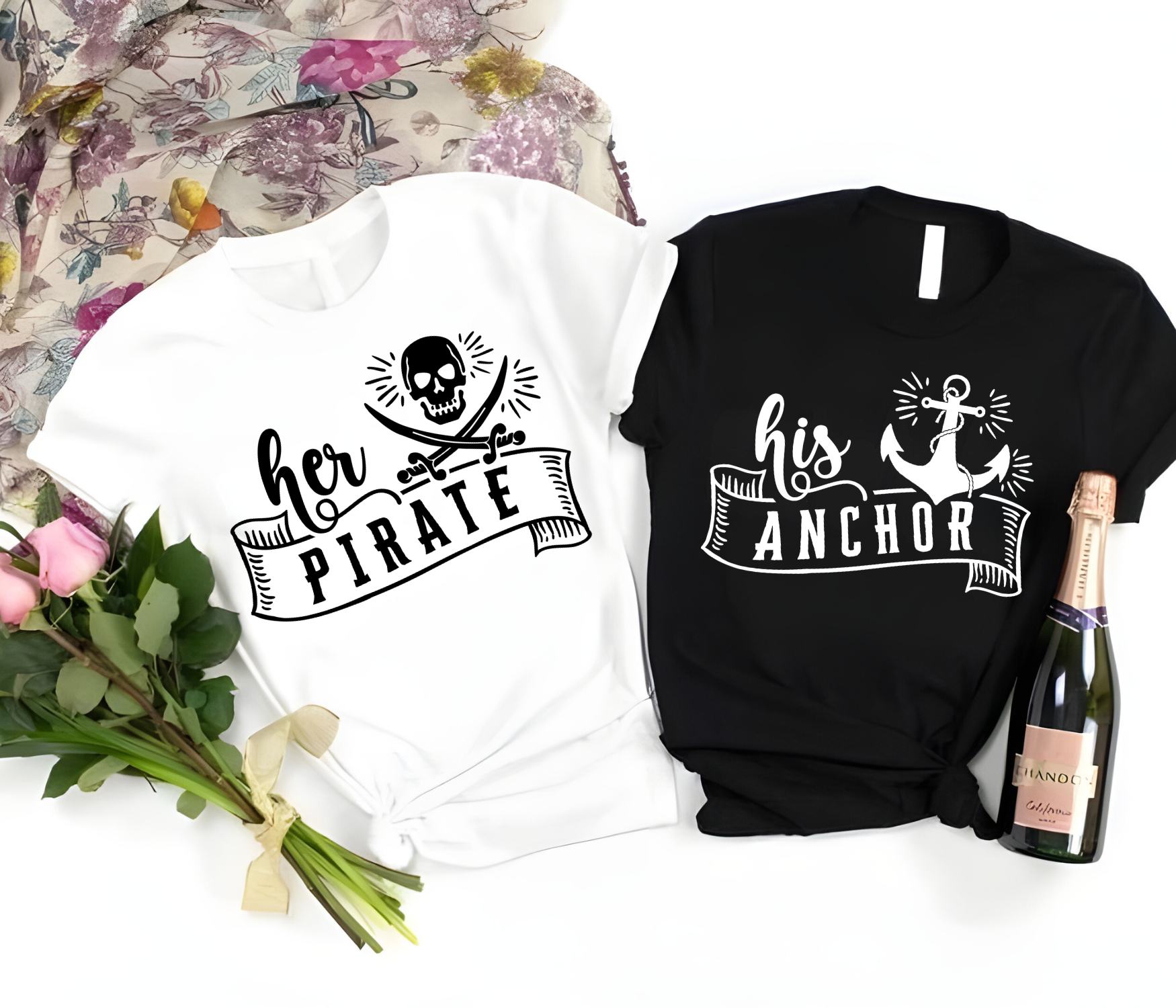 Her Pirate" and "His Anchor" Matching T-Shirts - A Perfect Pair for Couples