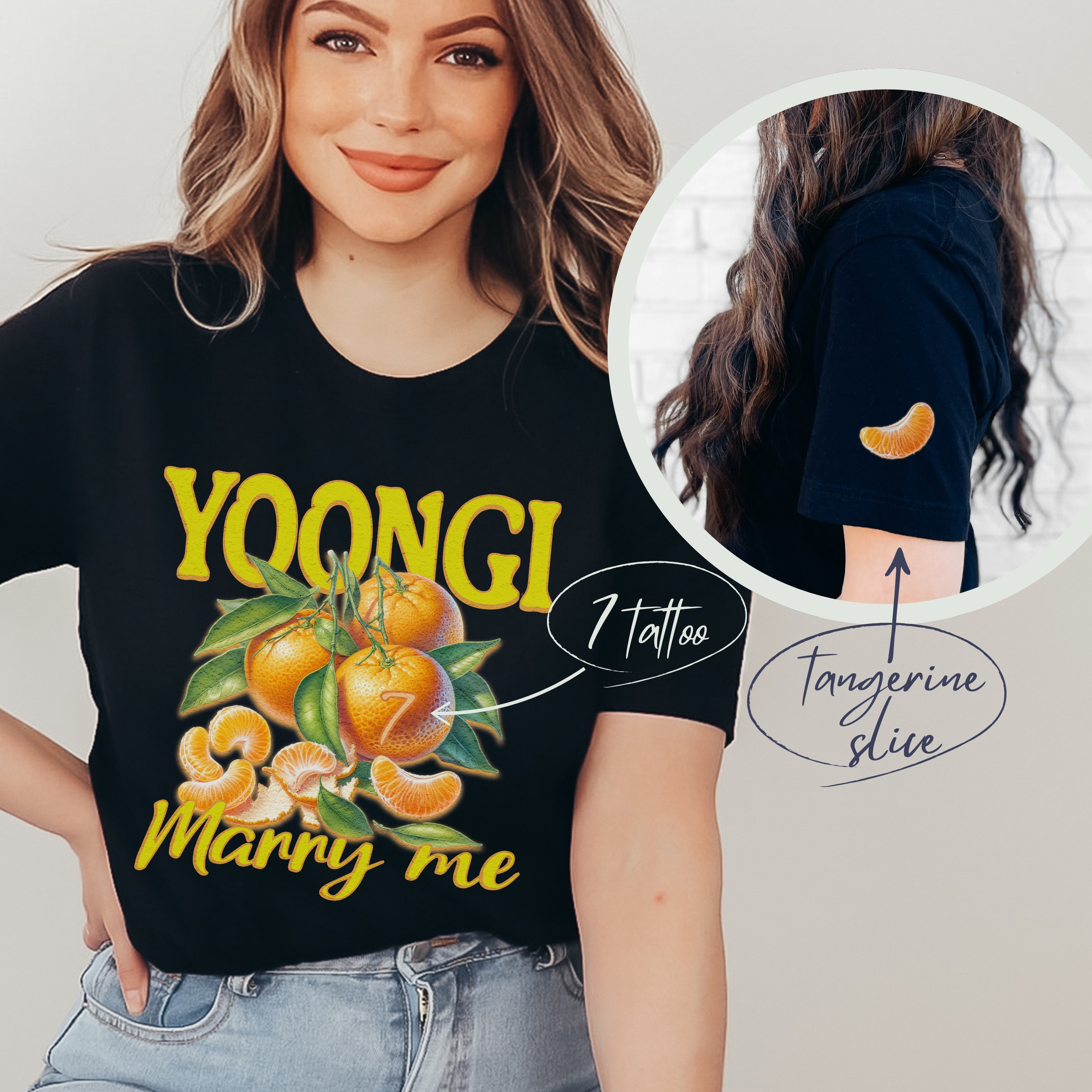 Yoongi Marry Me T-shirt With Tangerine Sleeve Print, Designed by Army for Army product thumbnail image Yoongi Marry Me T-shirt With Tangerine Sleeve Print, Designed by Army for Army product thumbnail image