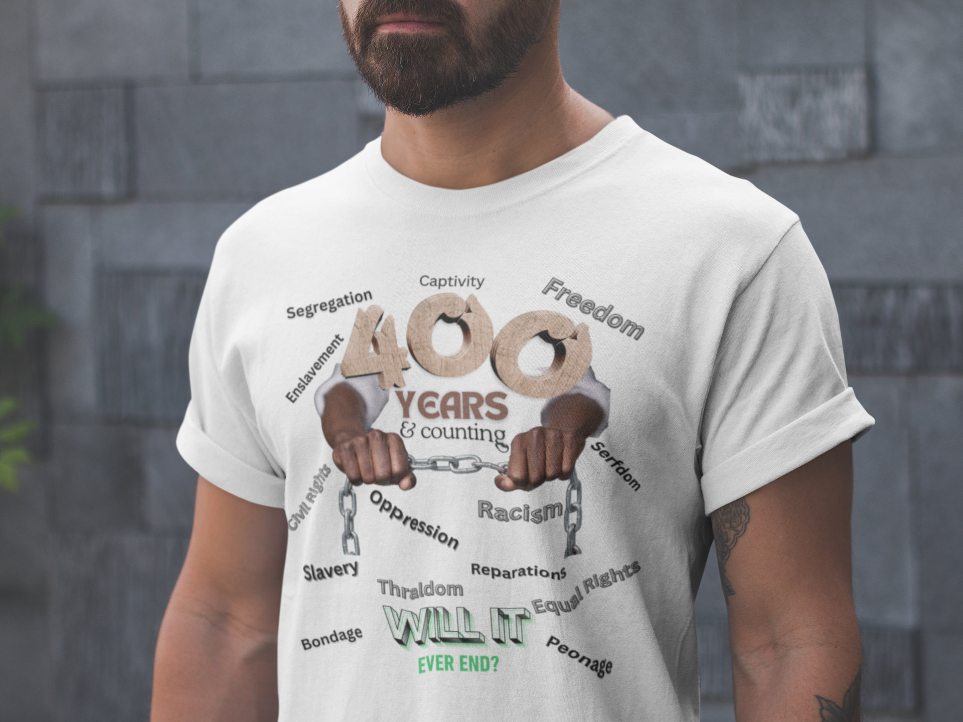 400 Years: Will It Ever End? Unisex Soft Style T-Shirt, Black History T-Shirts, Black Empowerment Tees, CRT Clothing, History Can't Be Erased product thumbnail image