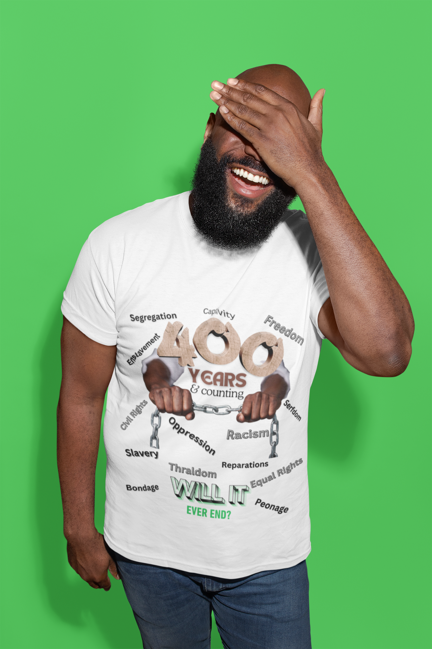 400 Years: Will It Ever End? Unisex Soft Style T-Shirt, Black History T-Shirts, Black Empowerment Tees, CRT Clothing, History Can't Be Erased product thumbnail image