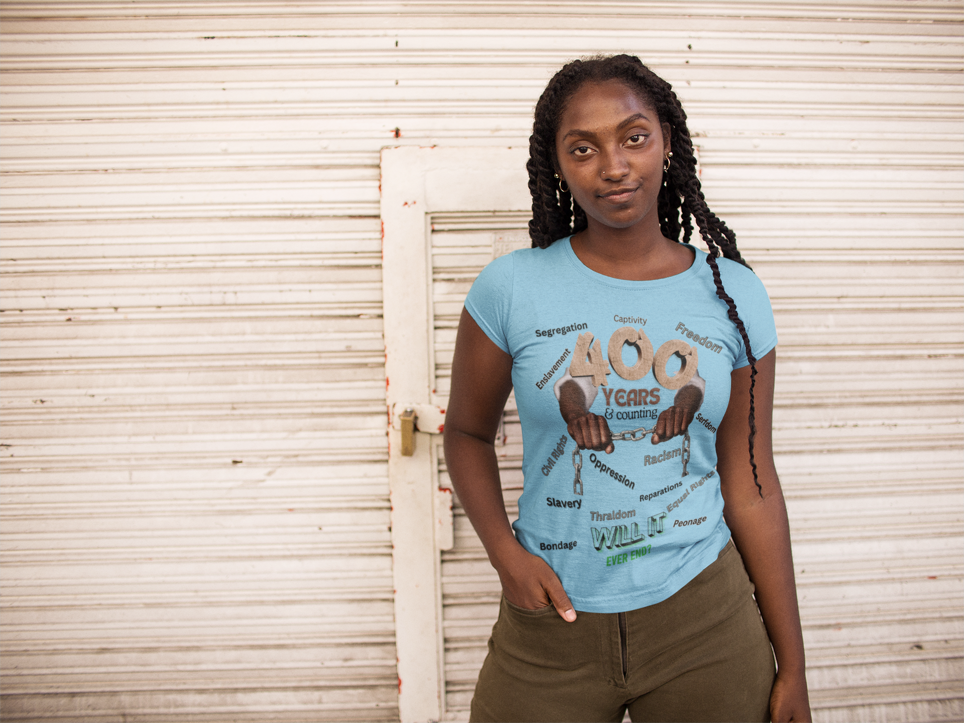 400 Years: Will It Ever End? Unisex Soft Style T-Shirt, Black History T-Shirts, Black Empowerment Tees, CRT Clothing, History Can't Be Erased product thumbnail image