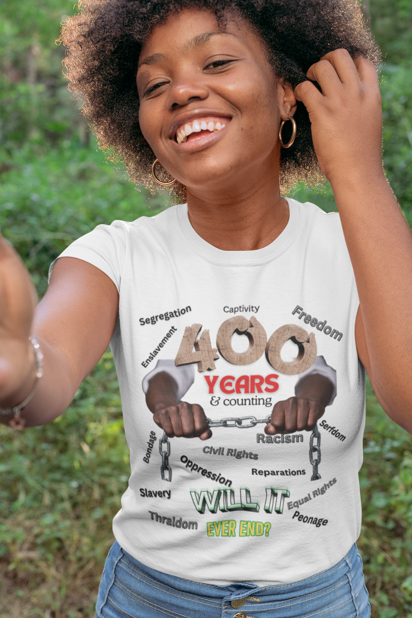 400 Years: Will It Ever End? Unisex Soft Style T-Shirt, Black History T-Shirts, Black Empowerment Tees, CRT Clothing, History Can't Be Erased product thumbnail image