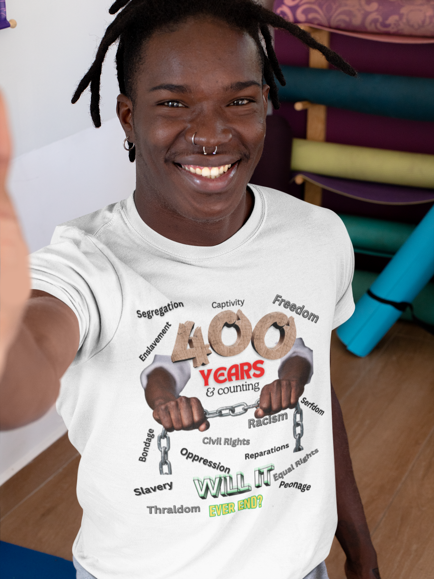 400 Years: Will It Ever End? Unisex Soft Style T-Shirt, Black History T-Shirts, Black Empowerment Tees, CRT Clothing, History Can't Be Erased product thumbnail image