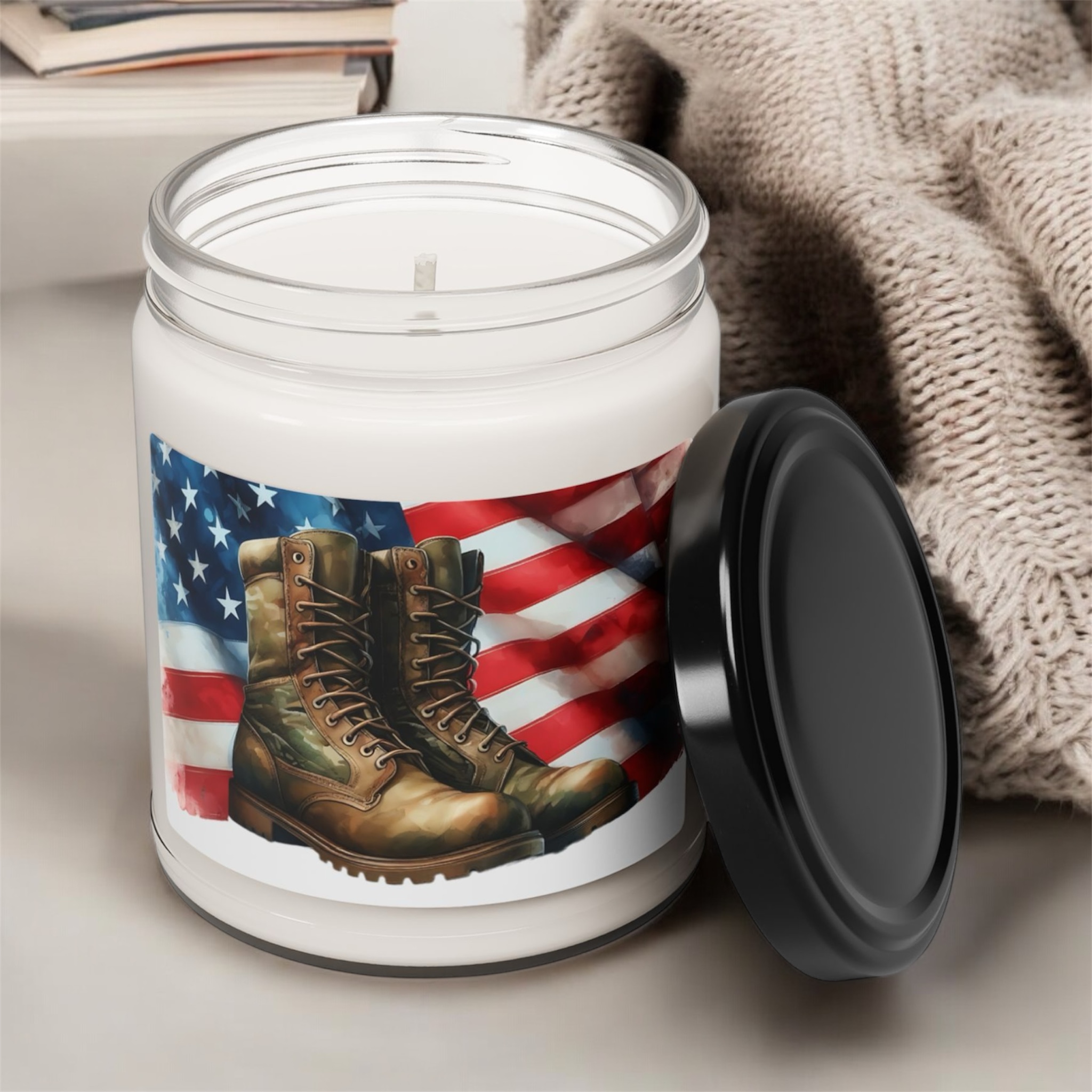Military Boots with American Flag Scented Soy Candle, 9oz product thumbnail image Military Boots with American Flag Scented Soy Candle, 9oz product thumbnail image
