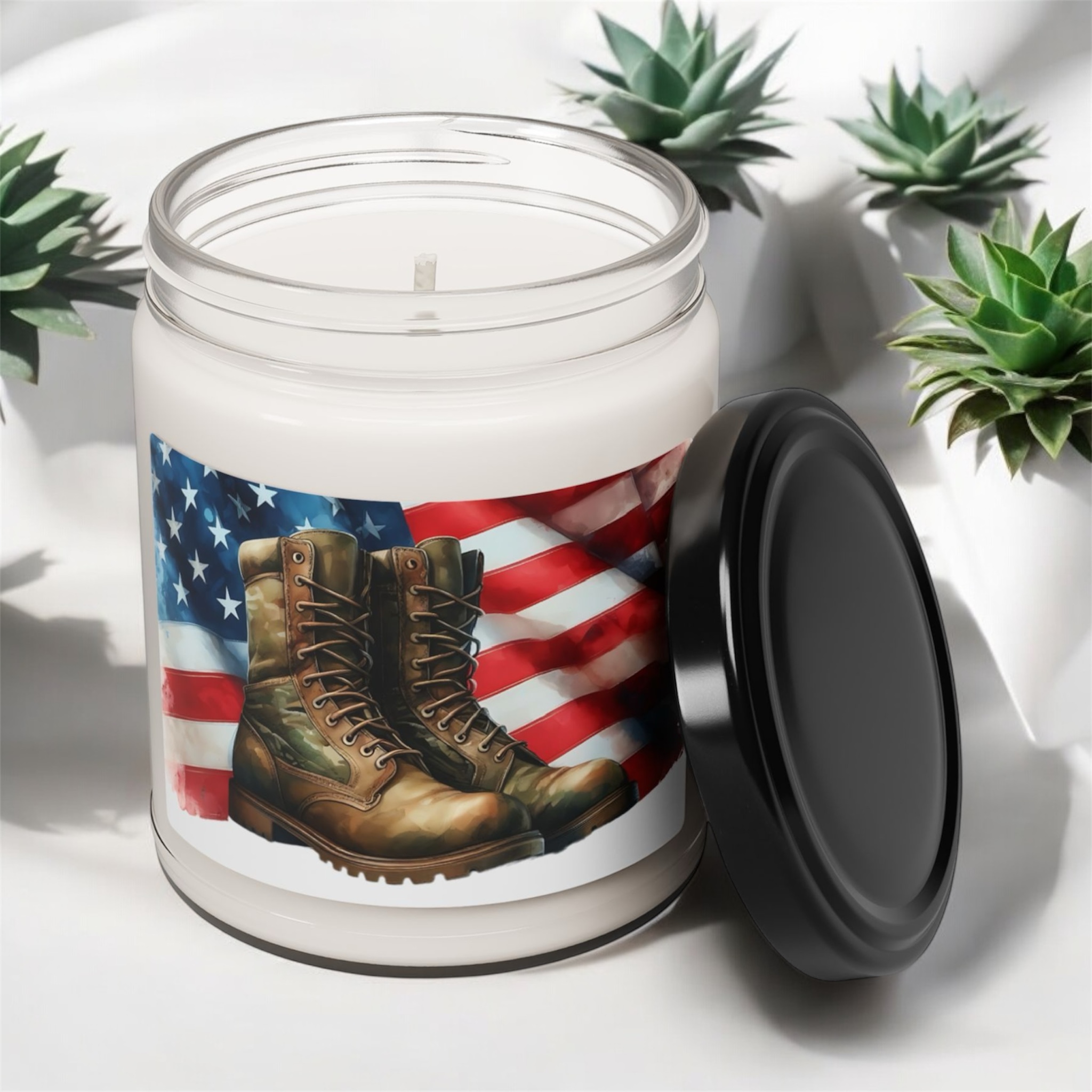 Military Boots with American Flag Scented Soy Candle, 9oz product thumbnail image Military Boots with American Flag Scented Soy Candle, 9oz product thumbnail image