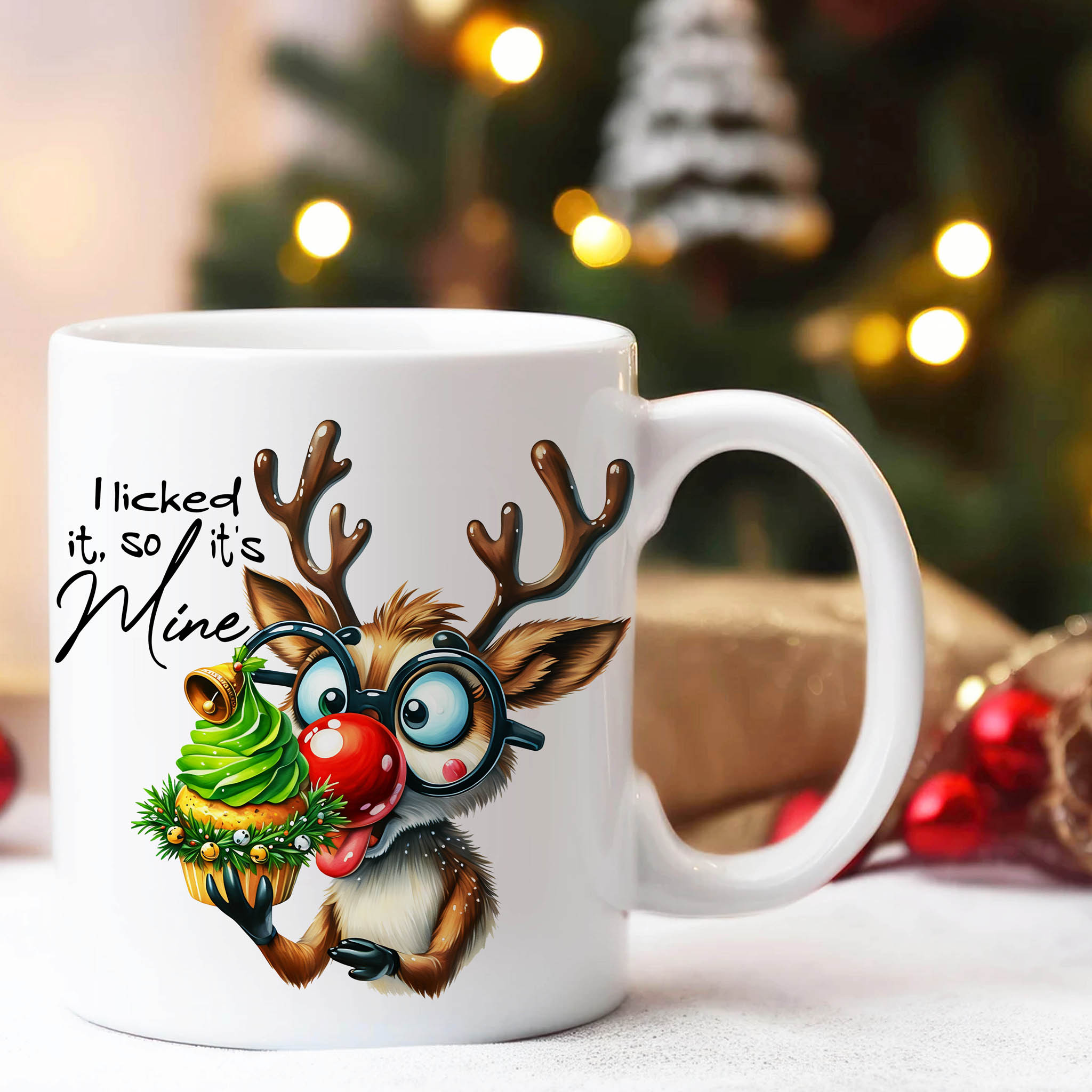 Funny Xmas Reindeer With Cupcake "I licked it so it's mine" Ceramic Mug, (11oz, 15oz) product thumbnail image