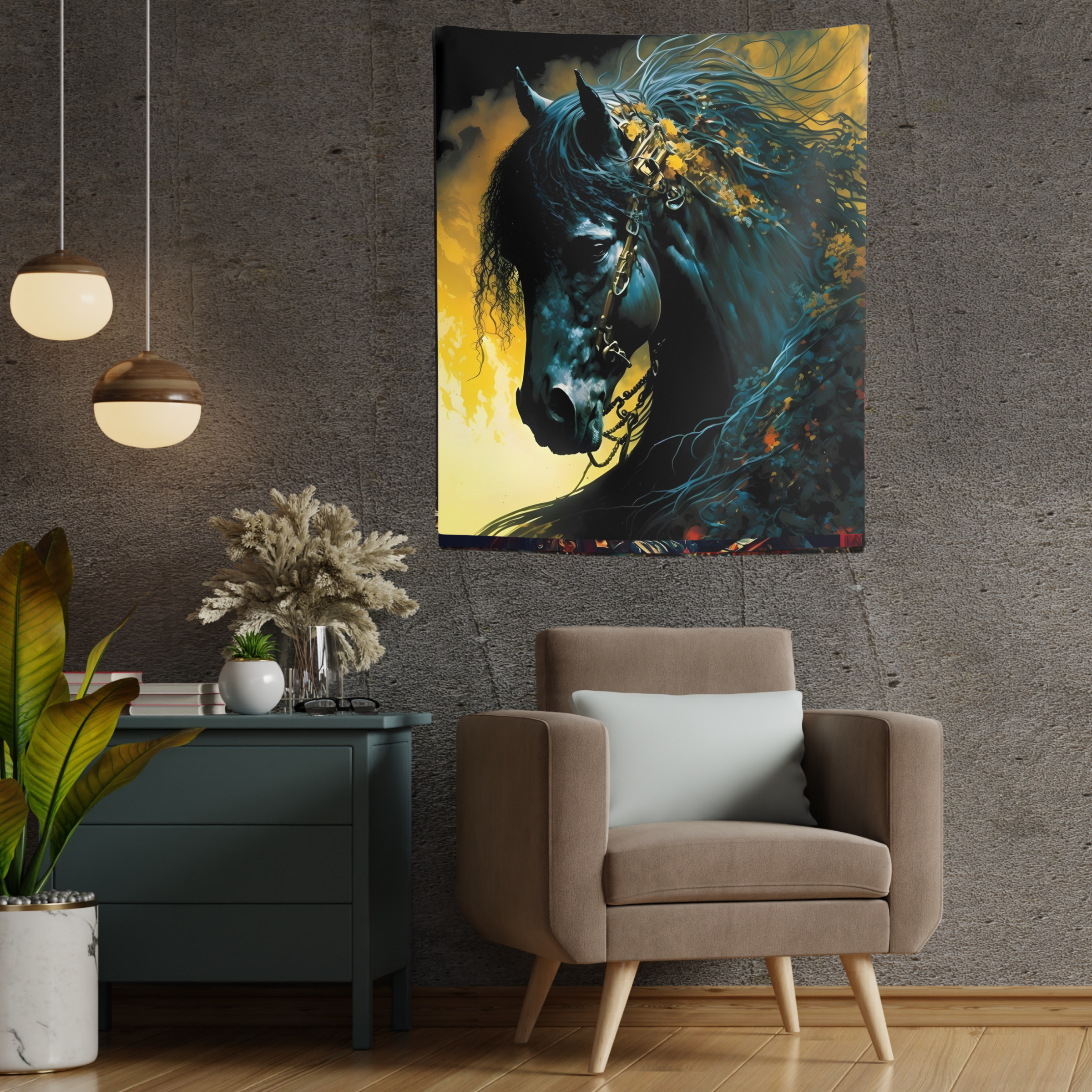 Black Stallion Portrait Wall Tapestries