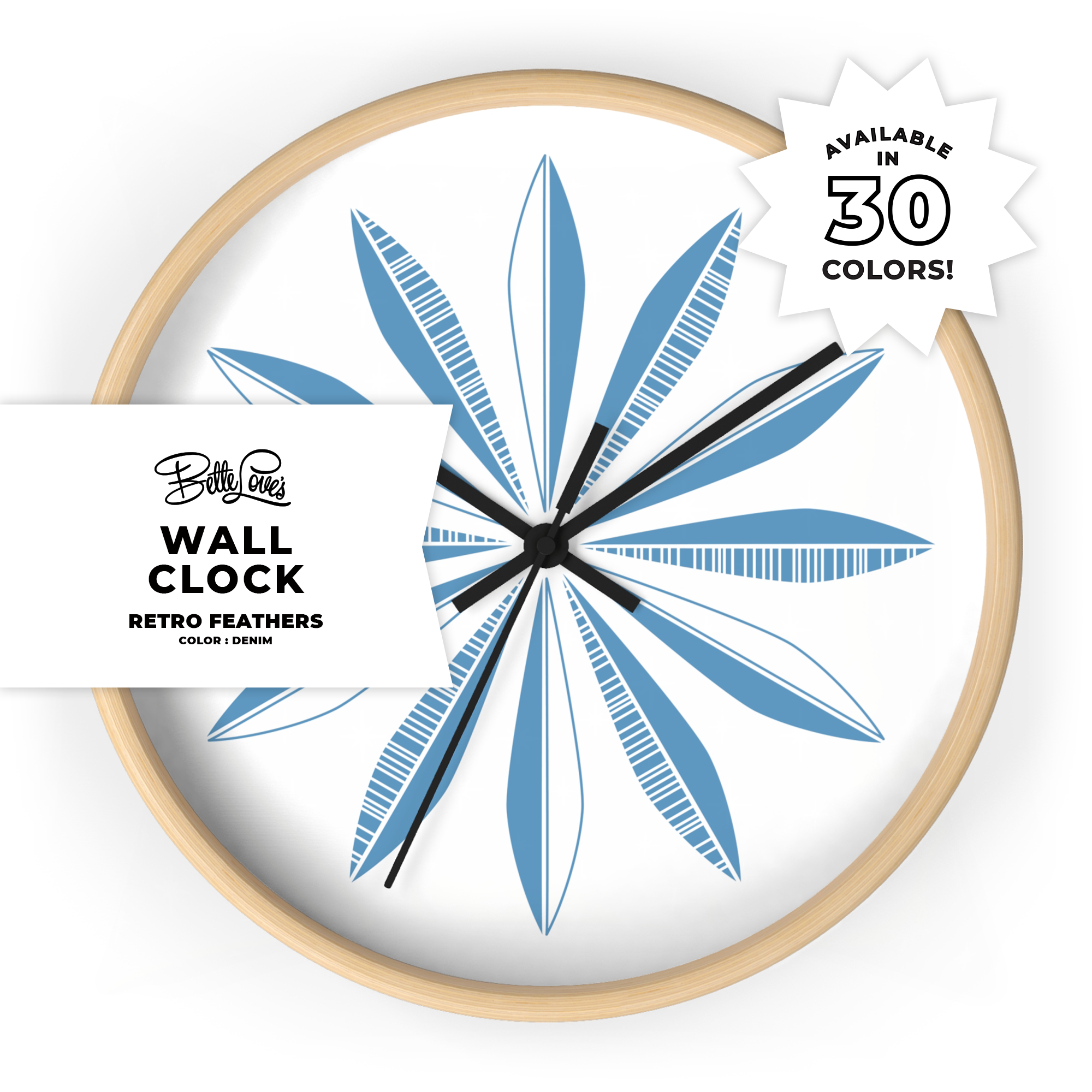 Retro Feathers Wall Clock in Denim on White Retro Feathers Wall Clock in Denim on White