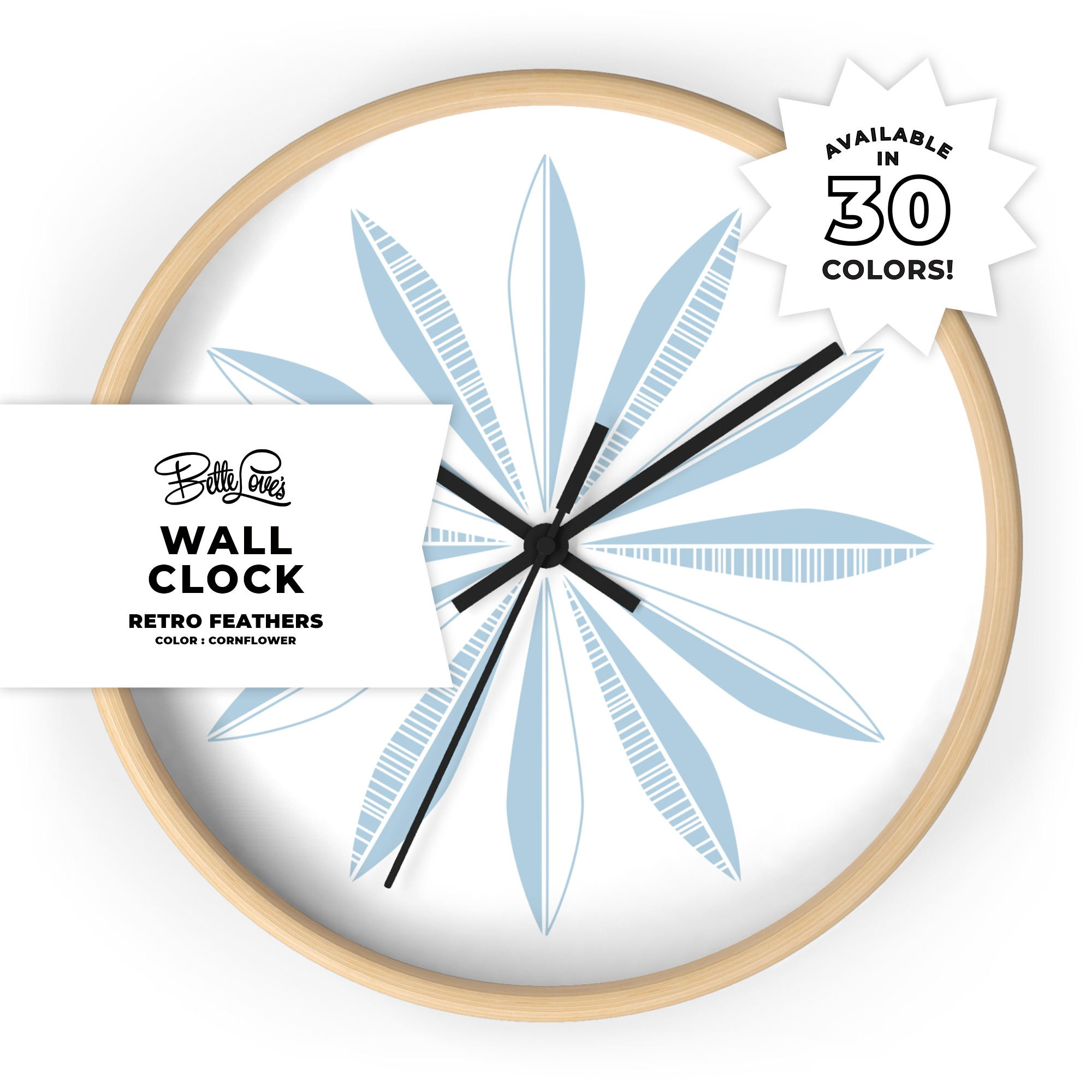 Retro Feathers Wall Clock in Cornflower on White Retro Feathers Wall Clock in Cornflower on White