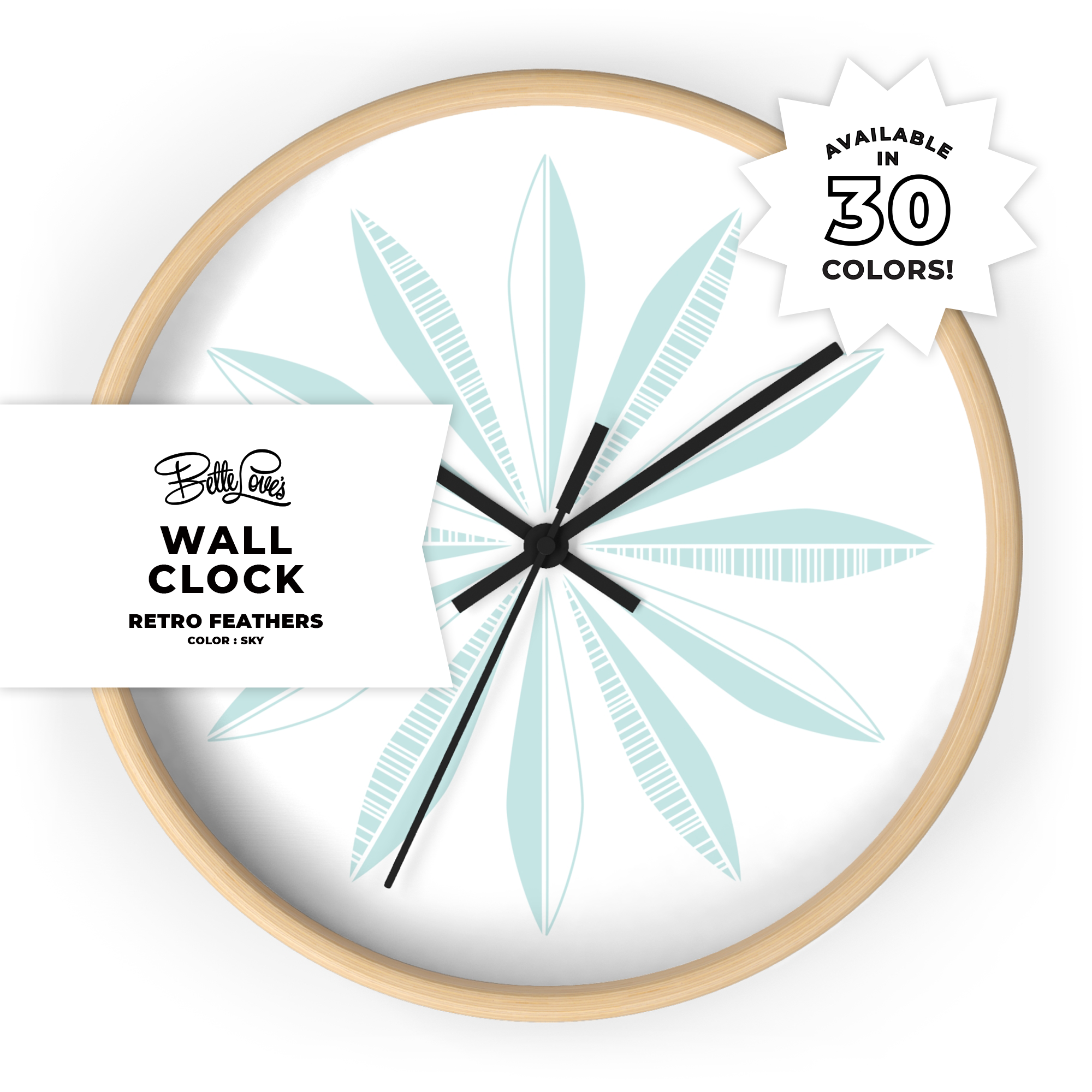 Retro Feathers Wall Clock in Sky on White Retro Feathers Wall Clock in Sky on White