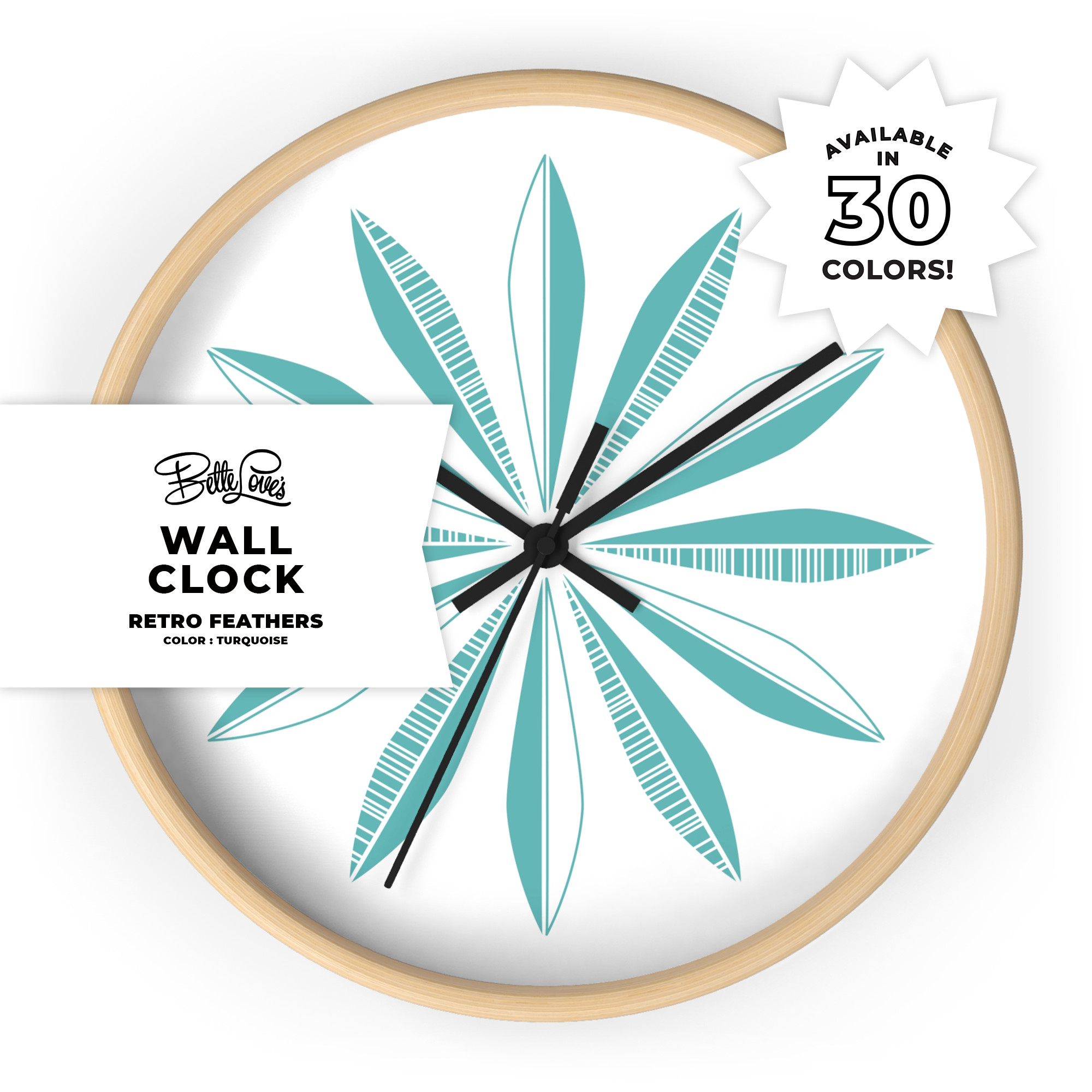 Retro Feathers Wall Clock in Turquoise on White Retro Feathers Wall Clock in Turquoise on White