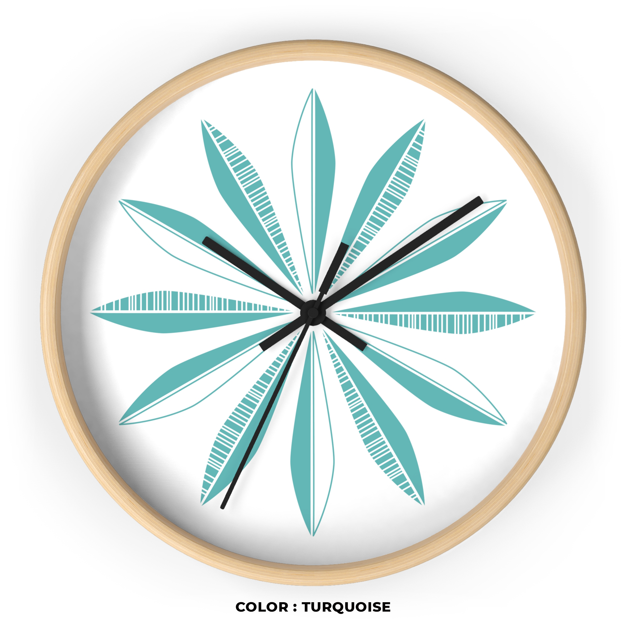 Retro Feathers Wall Clock in Turquoise on White product thumbnail image