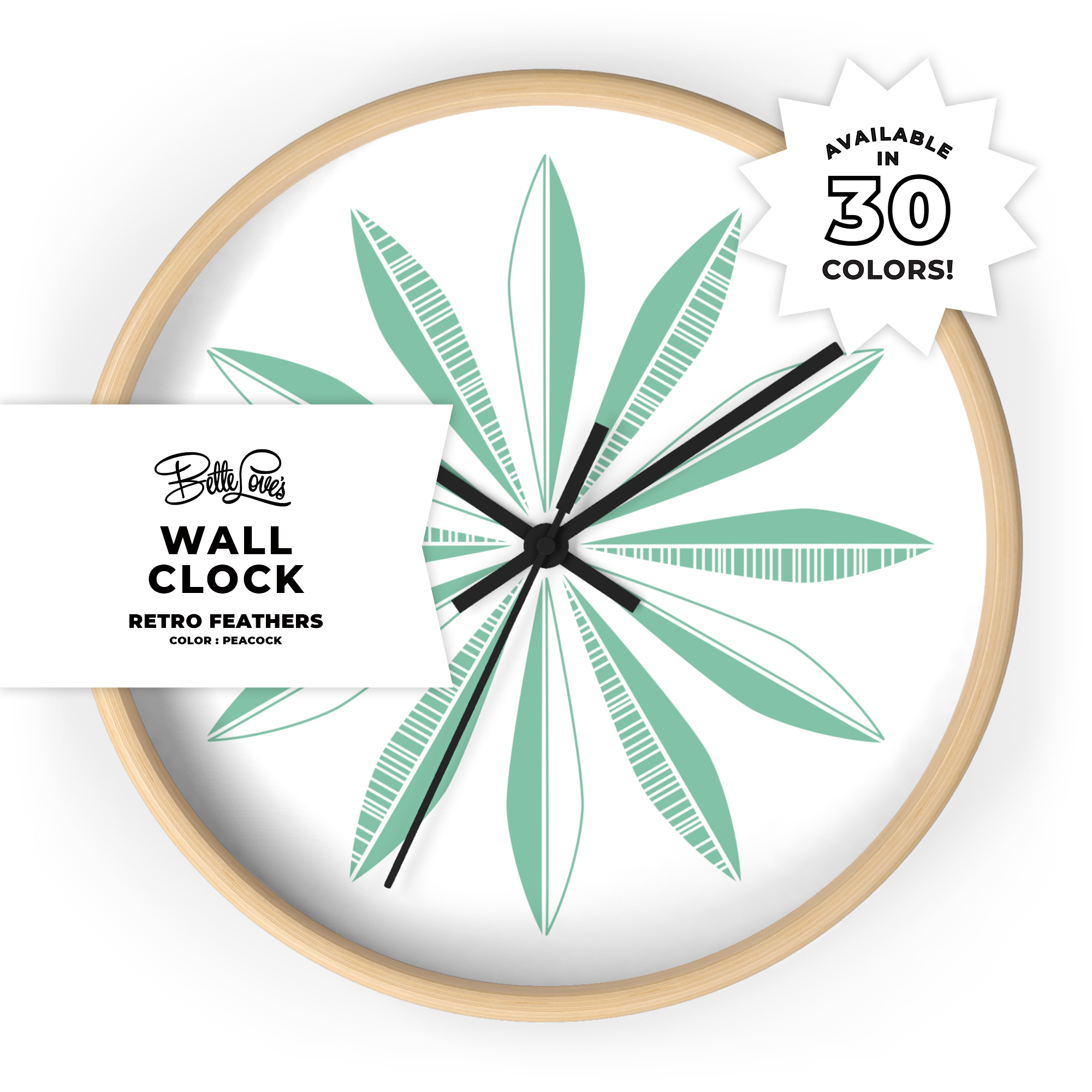 Retro Feathers Wall Clock in Peacock on White Retro Feathers Wall Clock in Peacock on White
