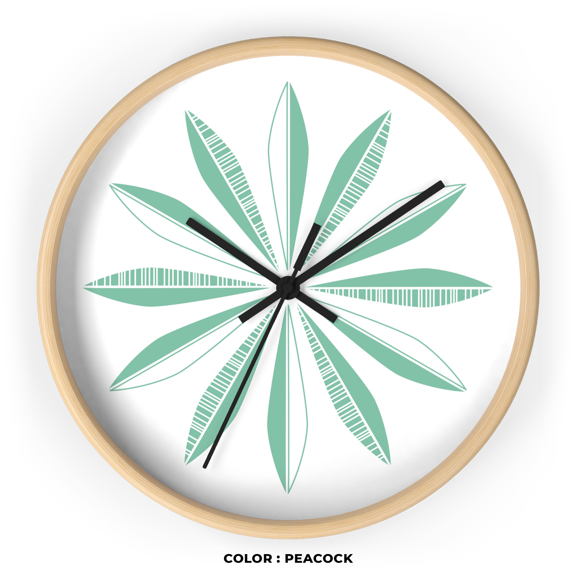 Retro Feathers Wall Clock in Peacock on White product thumbnail image