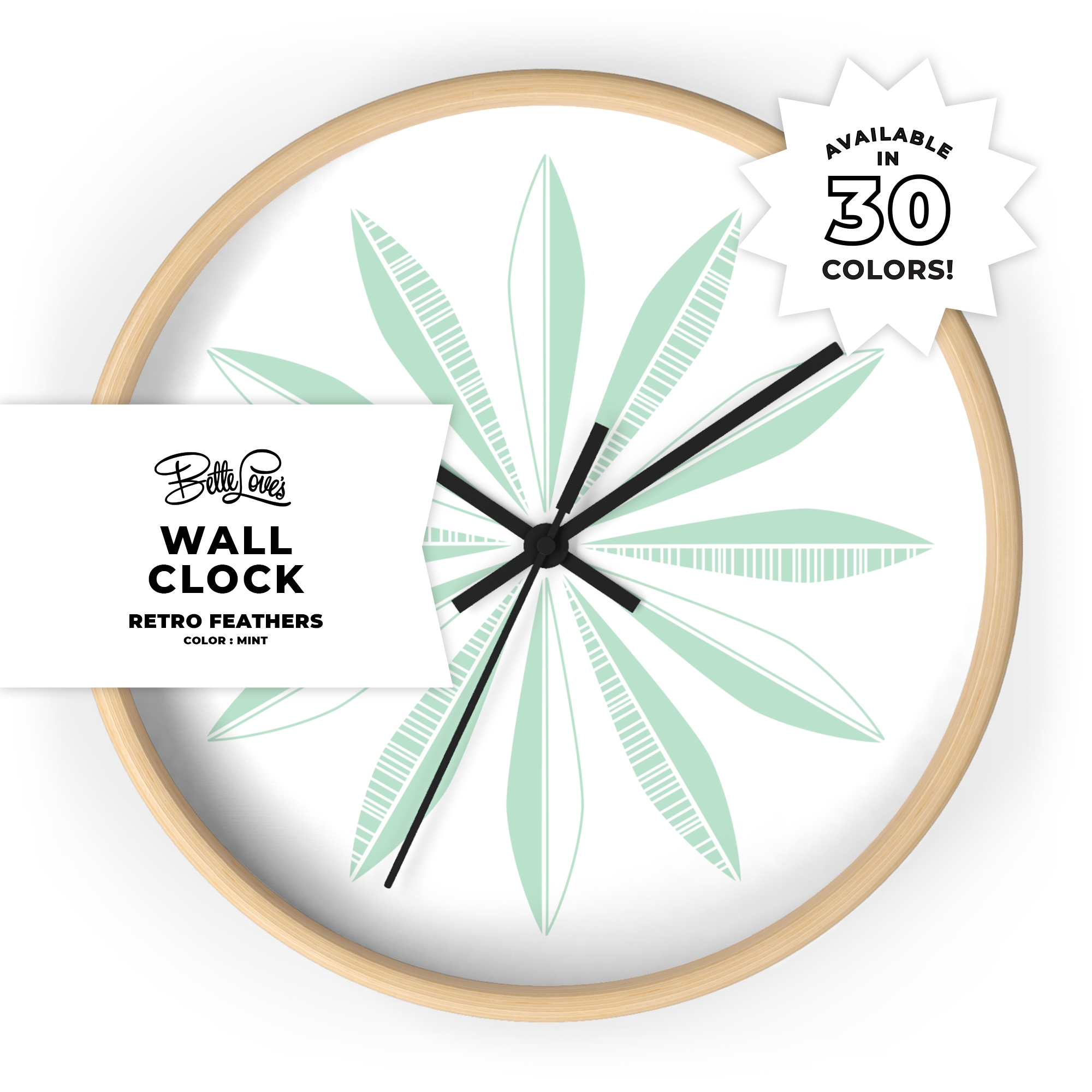 Retro Feathers Wall Clock in Mint on White Retro Feathers Wall Clock in Mint on White